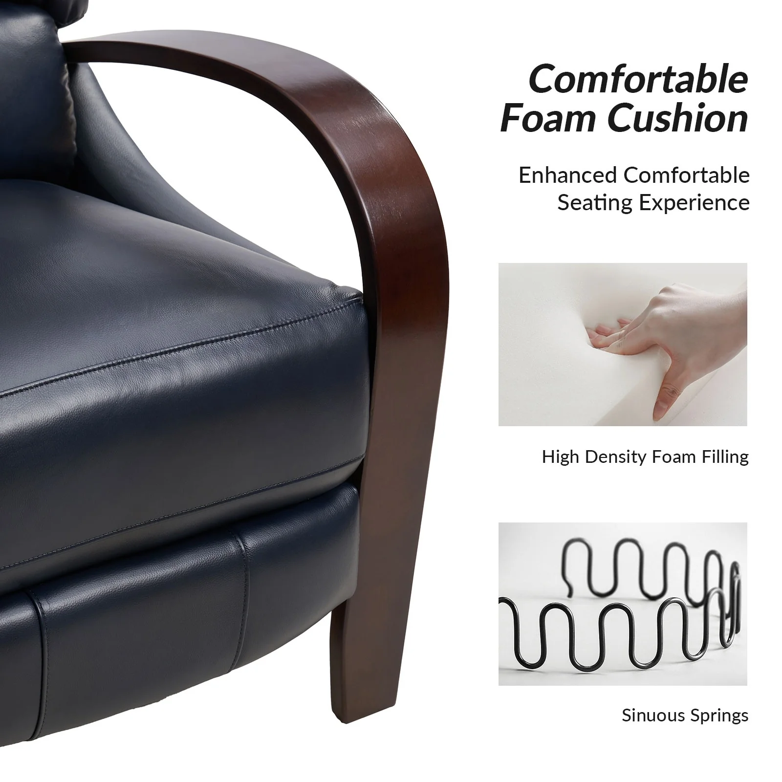 Alex Mid-century Modern Cigar Genuine Leather Manual Recliner with Wooden Curved Arms