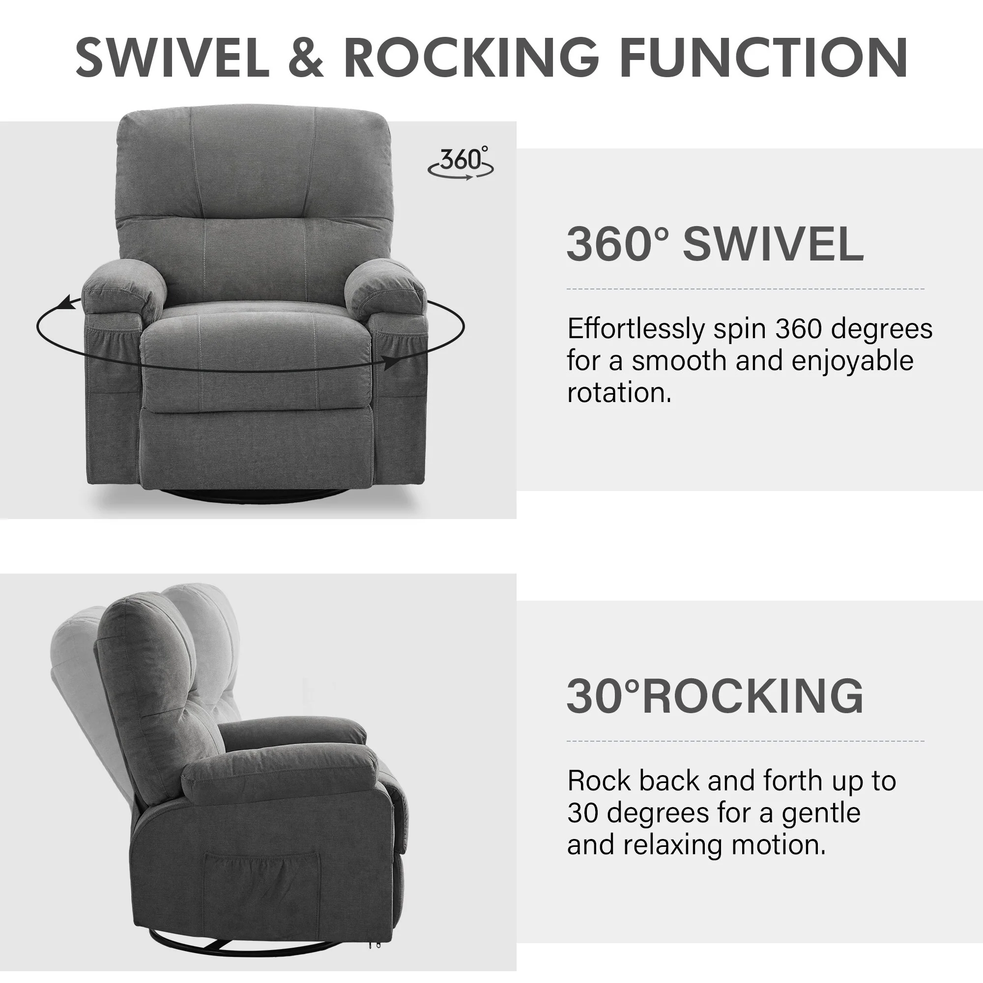 360�� Linen Swivel Rocker Recliner with Side Pockets