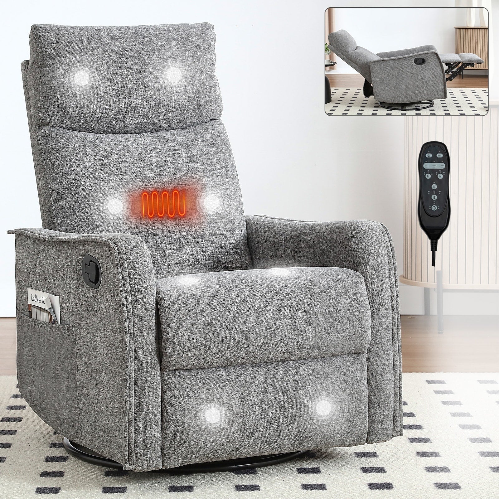 Fabric Recliner Chair with Heat, Massage, 360�� Swivel Base, Adjustable Backrest, and Lumbar Support for Living Room Comfort