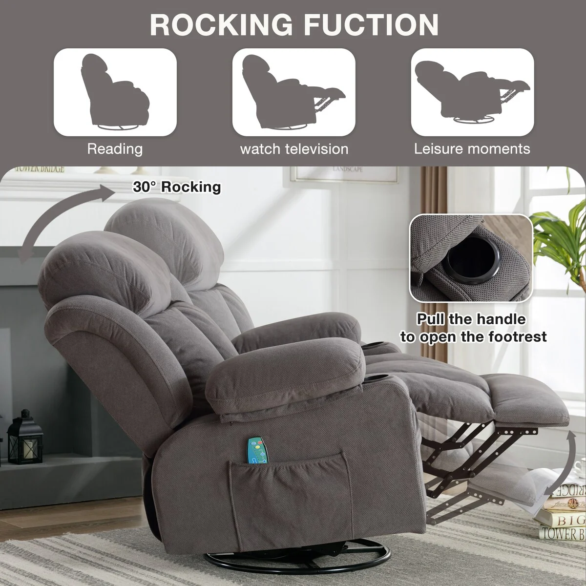Swinging recliner massage heated sofa, with USB and 2 cup holders in side pockets, PackageA+B (BEIGE )