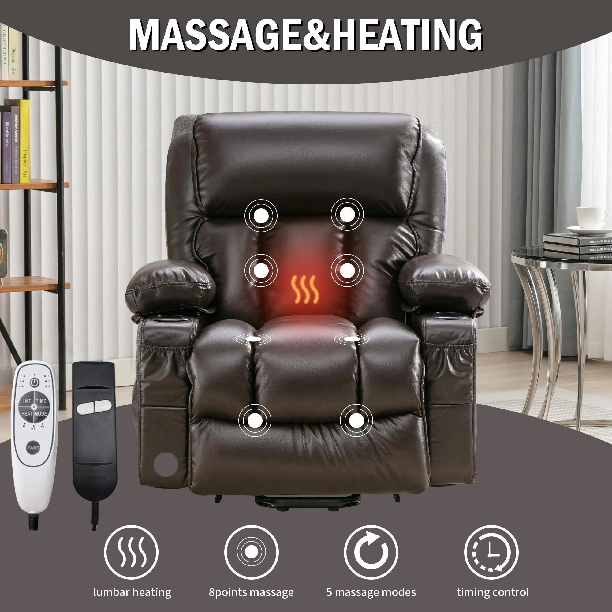 Power Electric Massage Lift Lounge Chair with Heating and Vibration Functions, Fleece Leather with USB