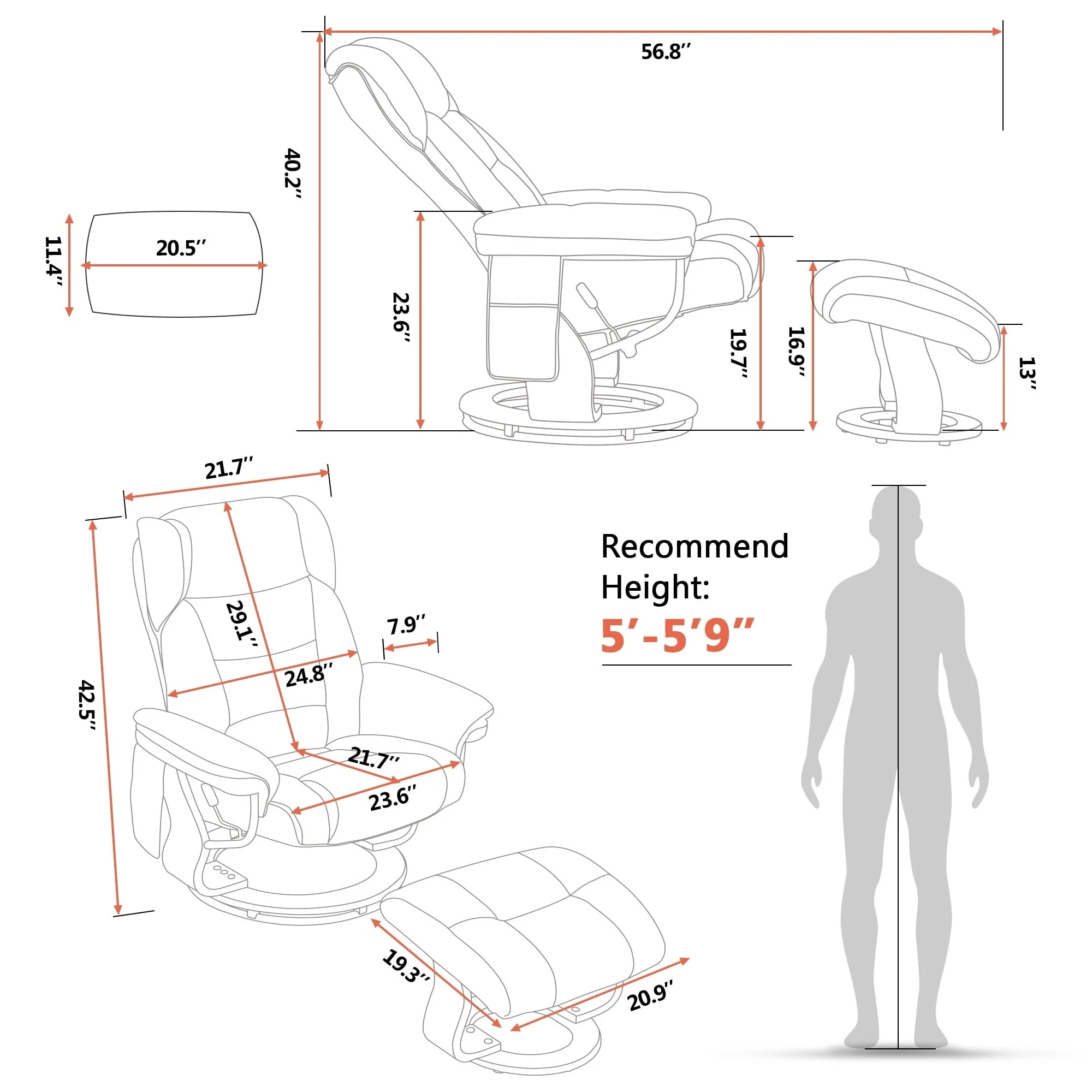 MCombo Swivel Recliners with Ottoman, Vibration Massage TV Chairs with Side Pocket