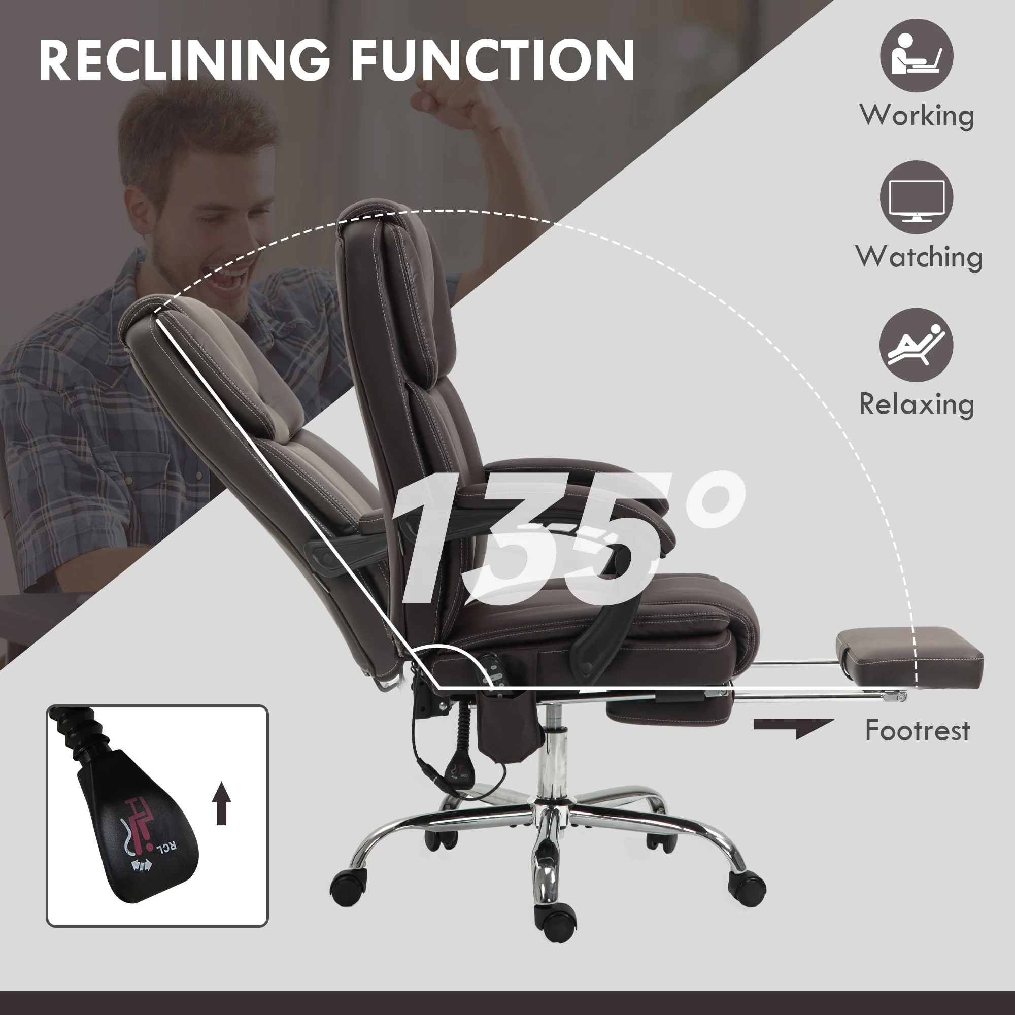 Heated PU Leather Executive Office Chair with Massage, Reclining Backrest, Adjustable Height & Extendable Footrest