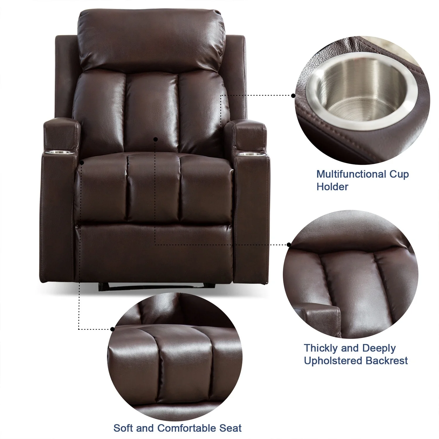 Manual Recliner Massage and Heating Chair Sofa with 2 Cup Holders Breathable Fabric