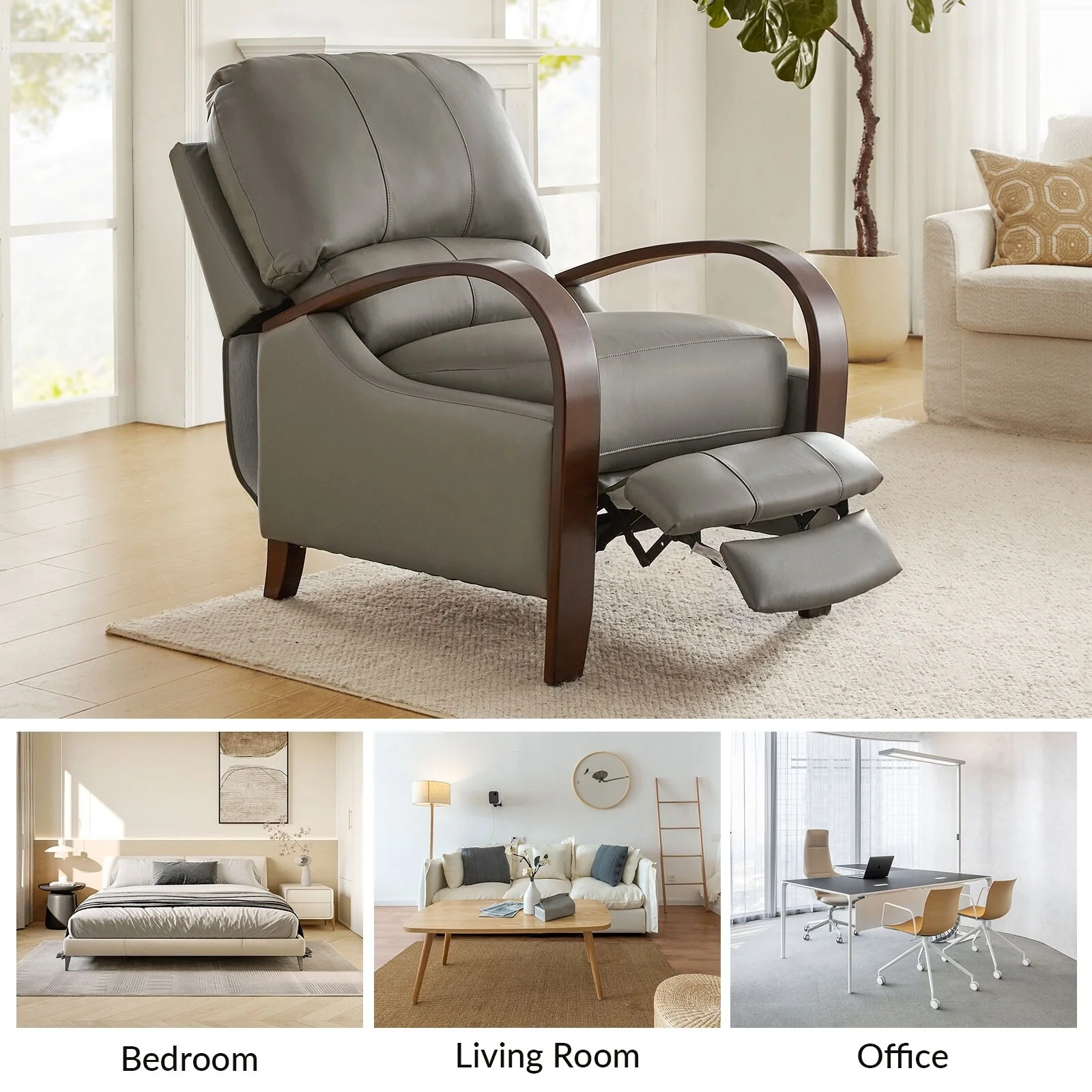 Alex Mid-century Modern Cigar Genuine Leather Manual Recliner with Wooden Curved Arms