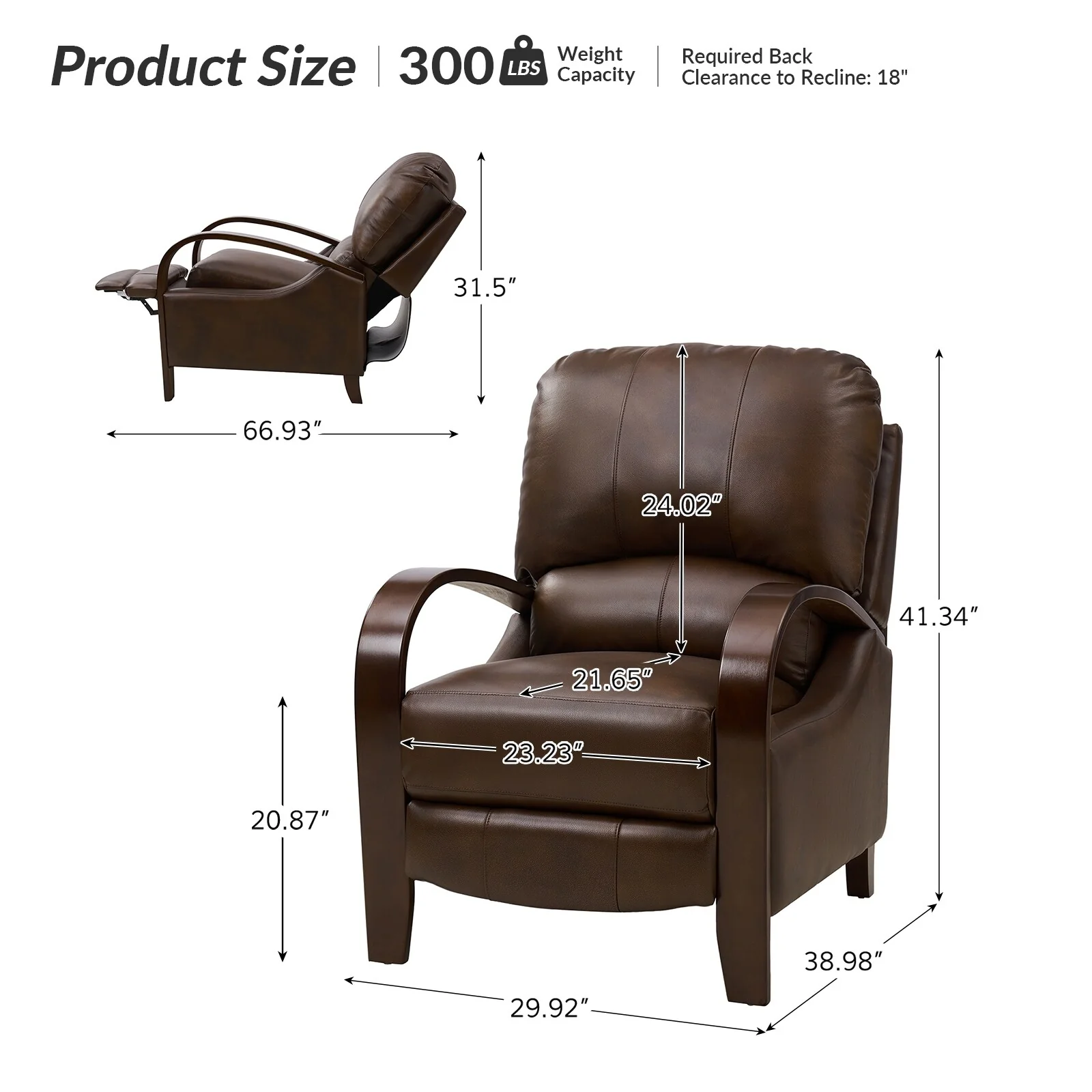 Alex Mid-century Modern Cigar Genuine Leather Manual Recliner with Wooden Curved Arms