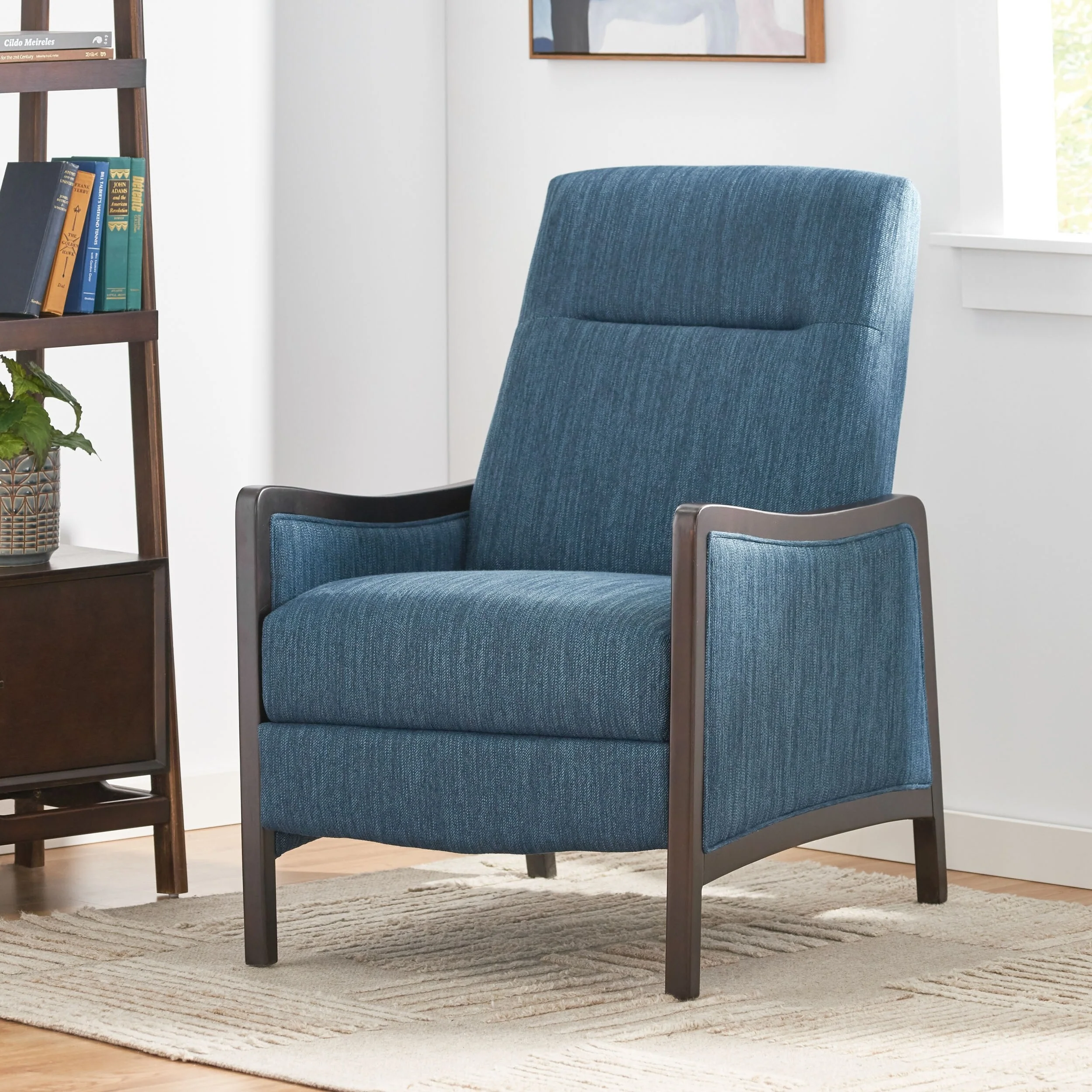 Roomfitters Mid-Century Fabric Push Back Recliner Chair with Wood Trim and Angled Arms