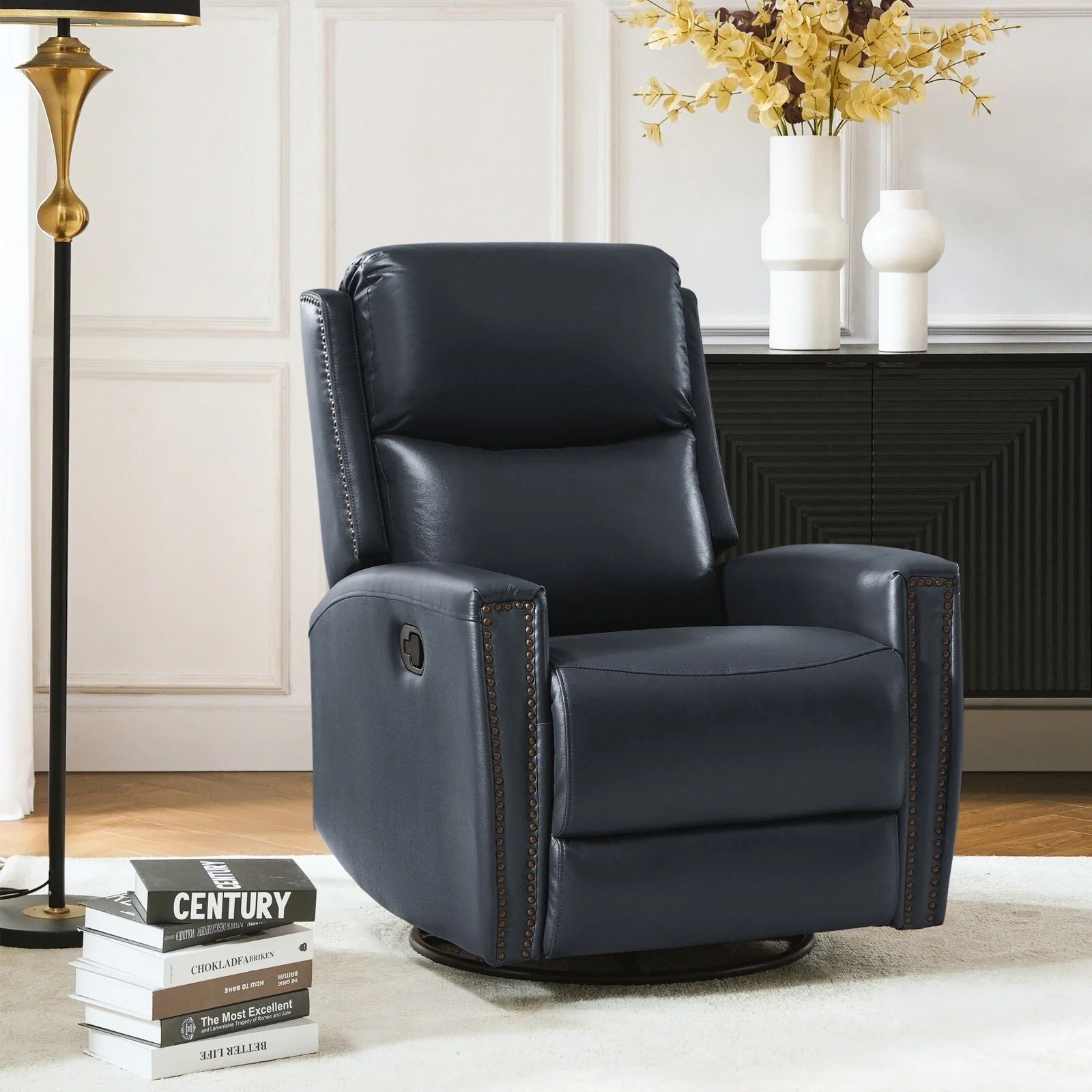 Fiacro 30.31Wide Modern Genuine Leather Wingback Swivel Rocker Recliner with Nailhead Trims