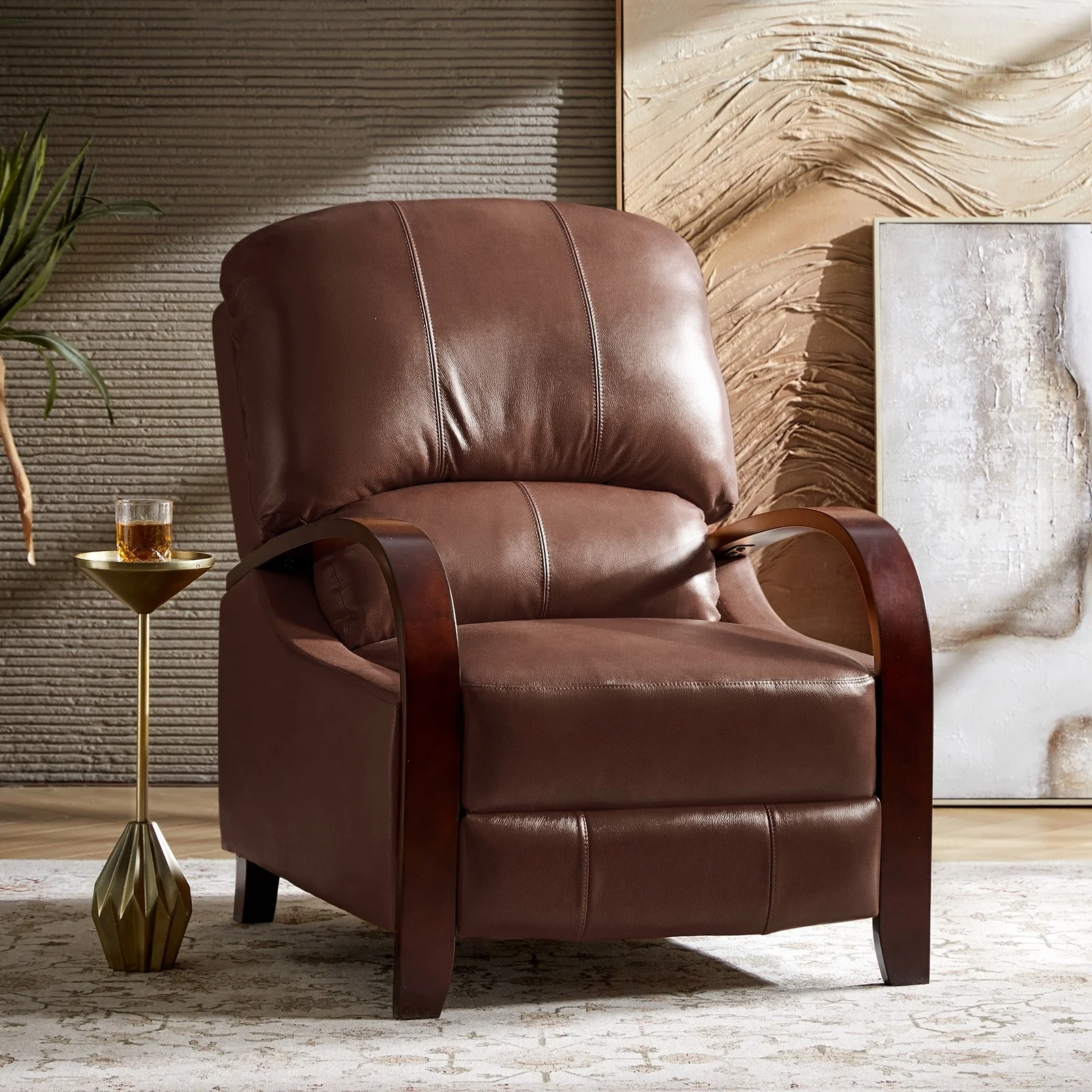 Alex Mid-century Modern Cigar Genuine Leather Manual Recliner with Wooden Curved Arms