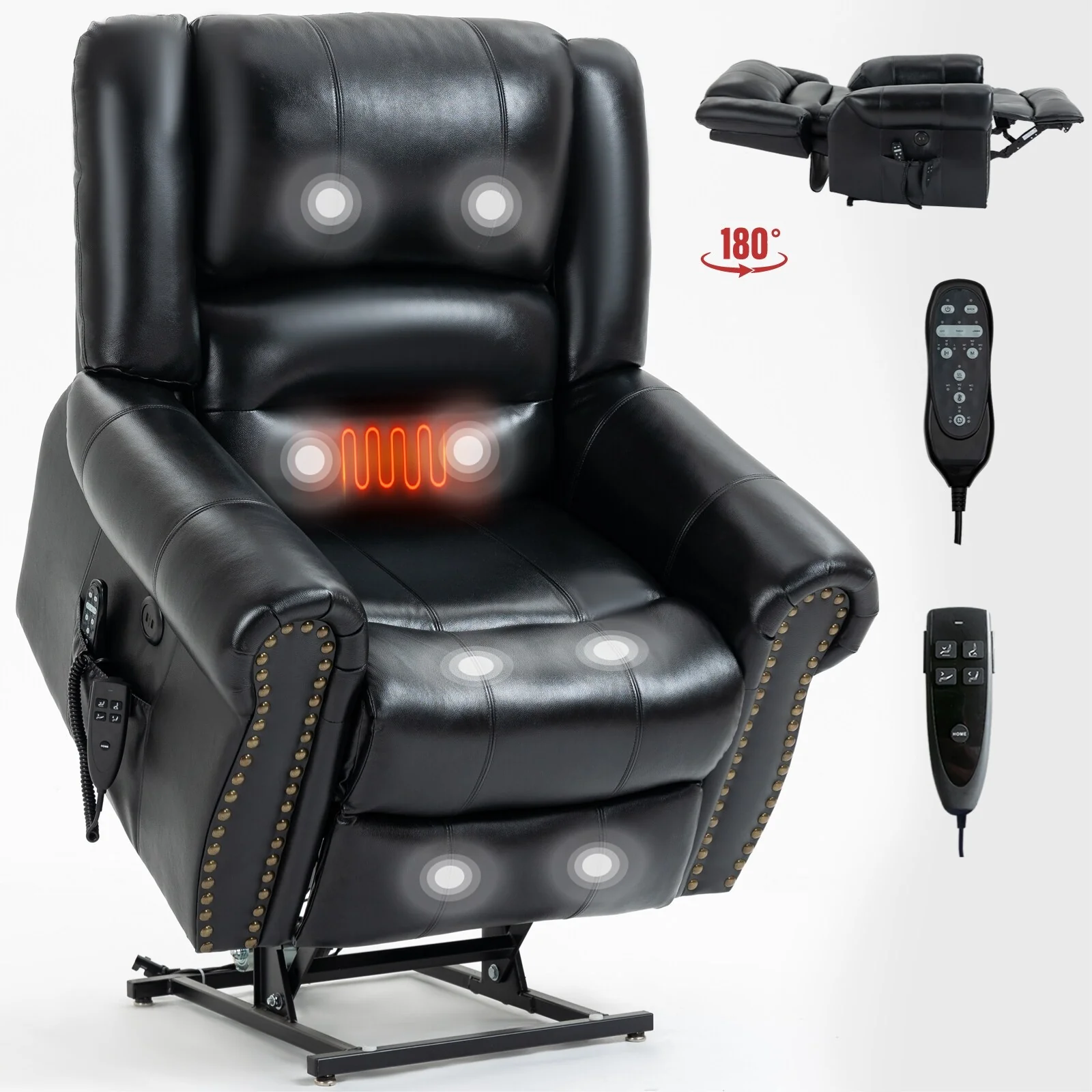 Brown Genuine Leather Power Lift Recliner with Dual Motors, Heating Massage, USB Ports, and Customizable Recline