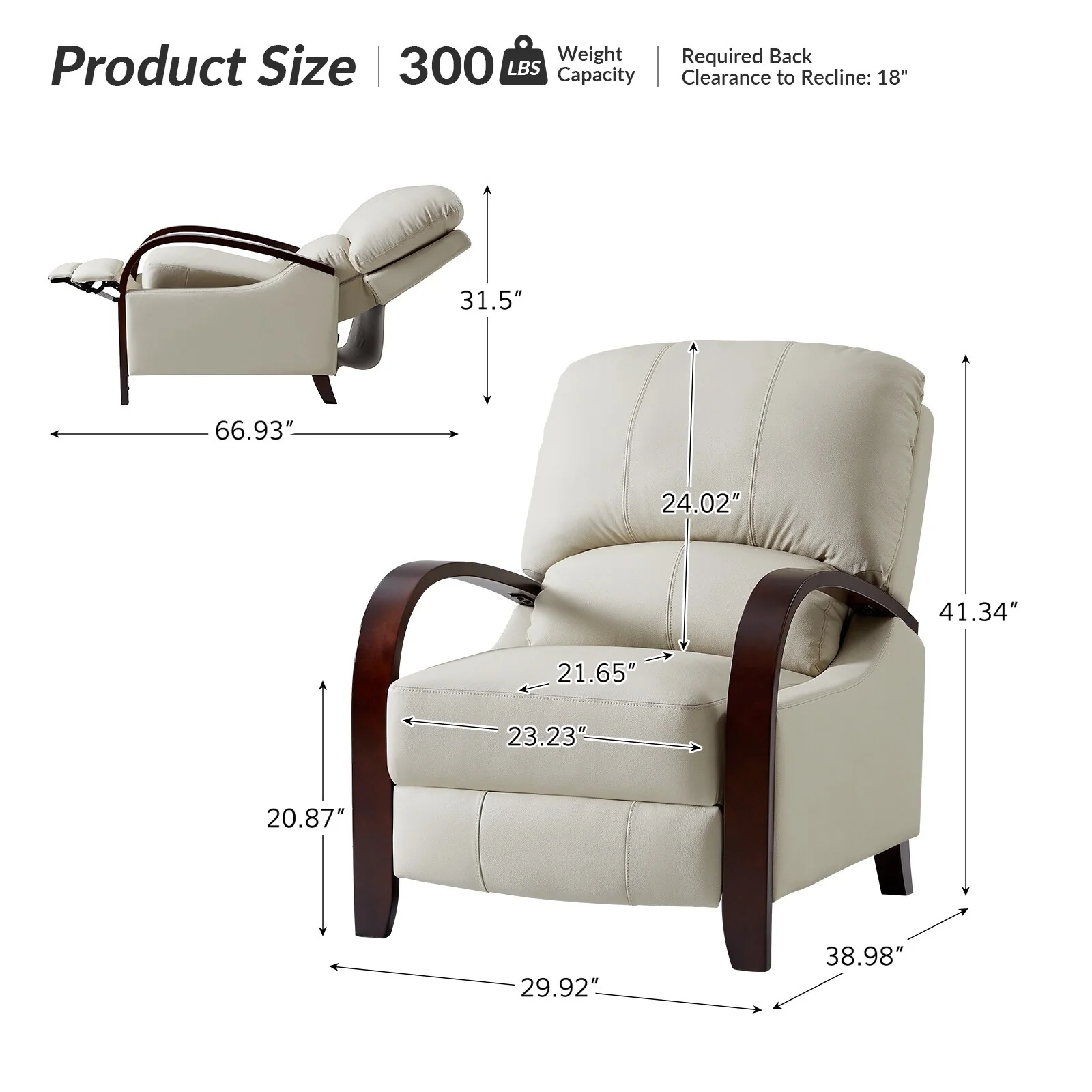 Alex Mid-century Modern Cigar Genuine Leather Manual Recliner with Wooden Curved Arms