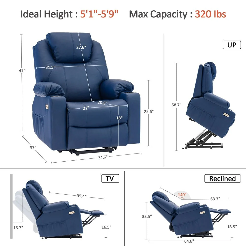 MCombo Large Power Lift Recliner Leather Chair with Massage, Heat, Cup Holders,Extended Footrest, Leather 7516