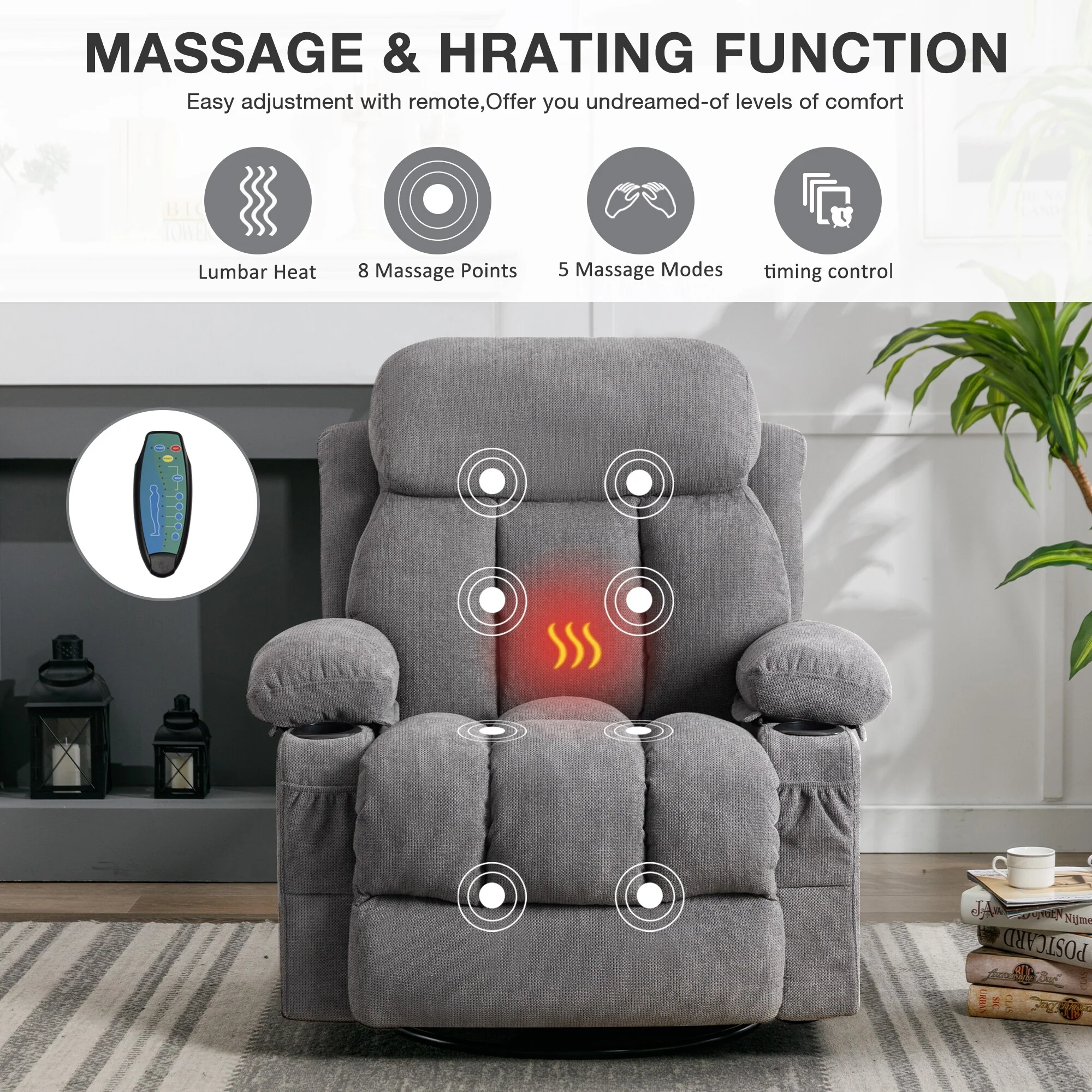 Massage 360 Swivel Rocker Recliner Chair, Heating, Cup Holders, USB
