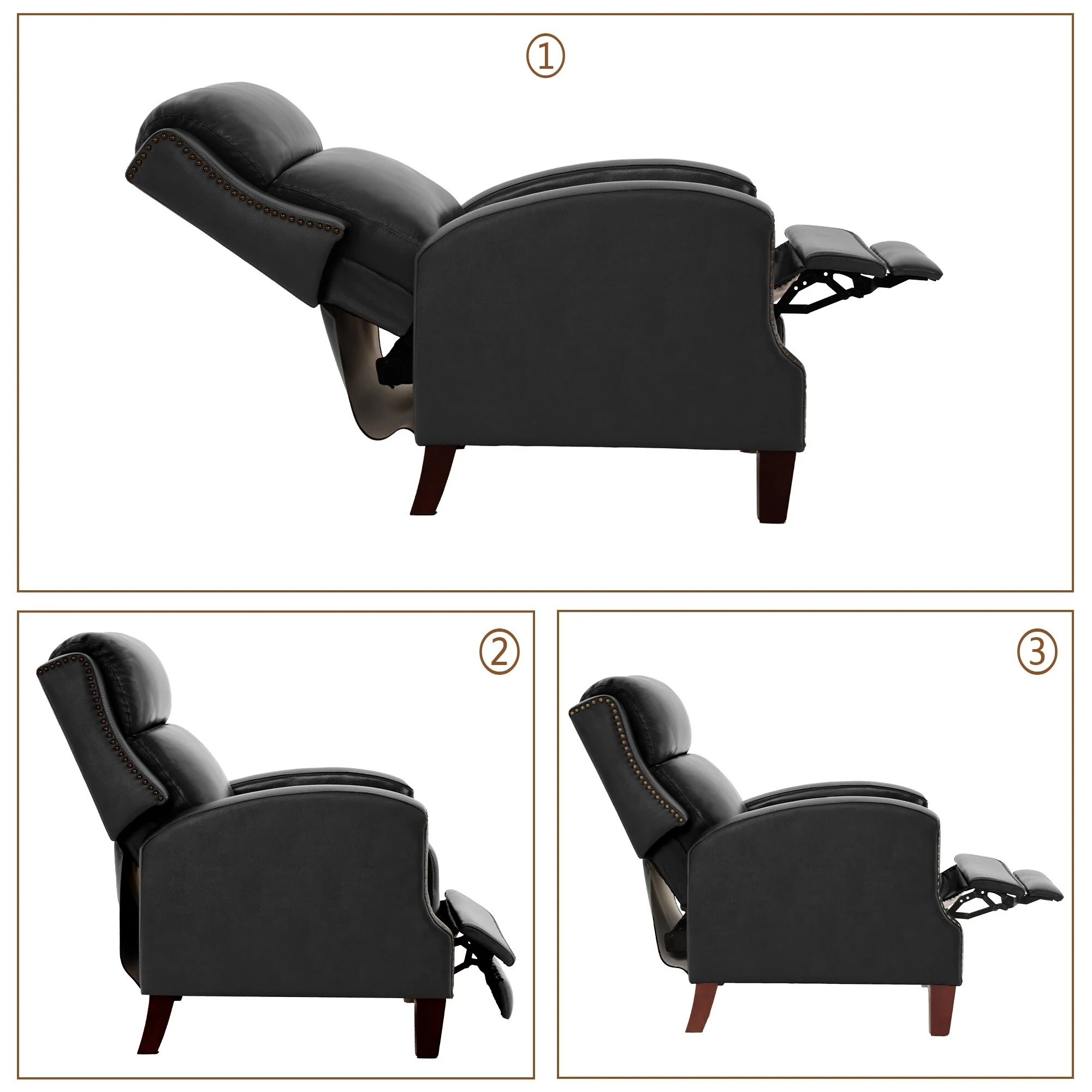 Genuine Leather Pushback Recliner with Multi-Angle Seat Back and Solid Wood Legs
