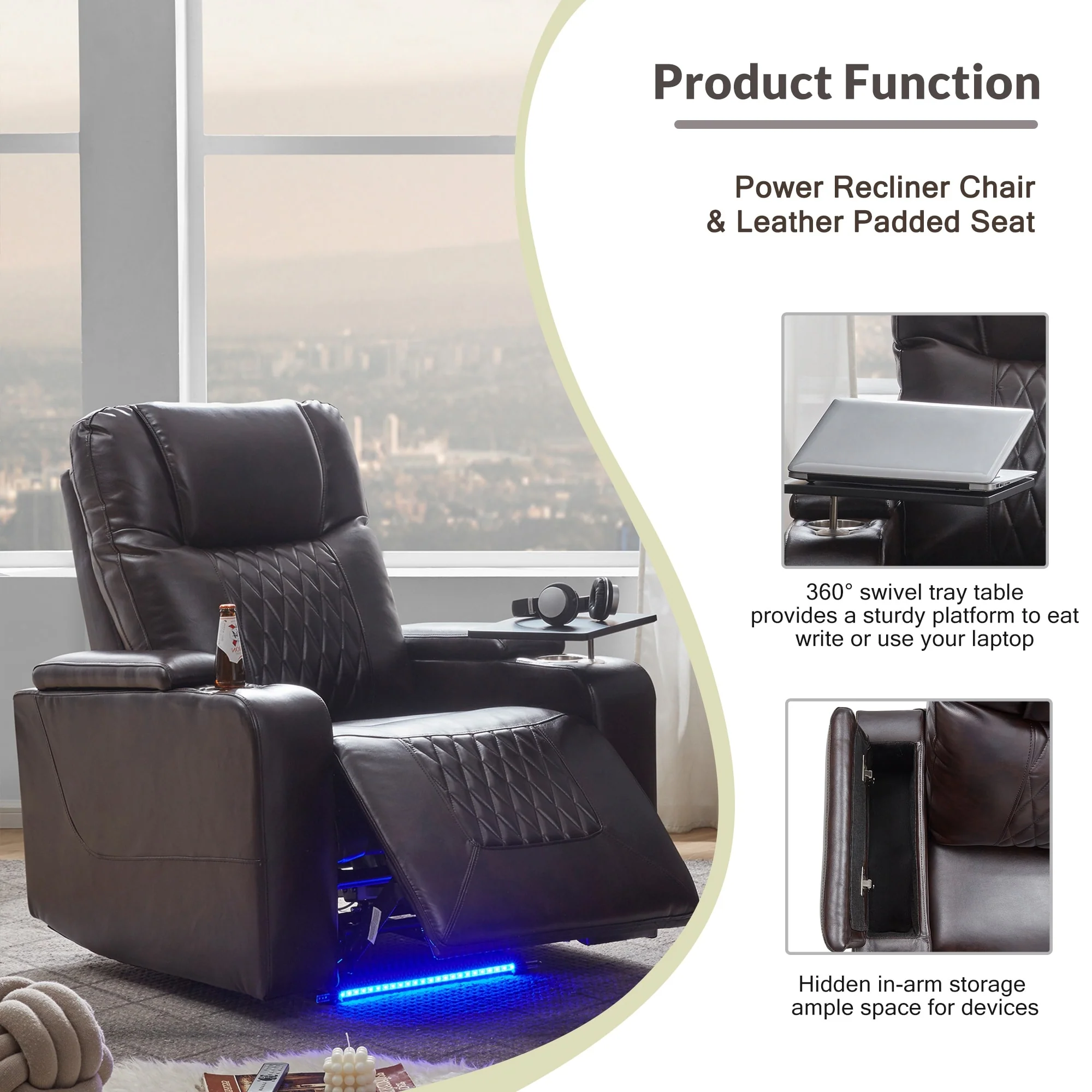 Nestfair Power Motion Recliner with 2 Cup Holders and 360�� Swivel Tray Table
