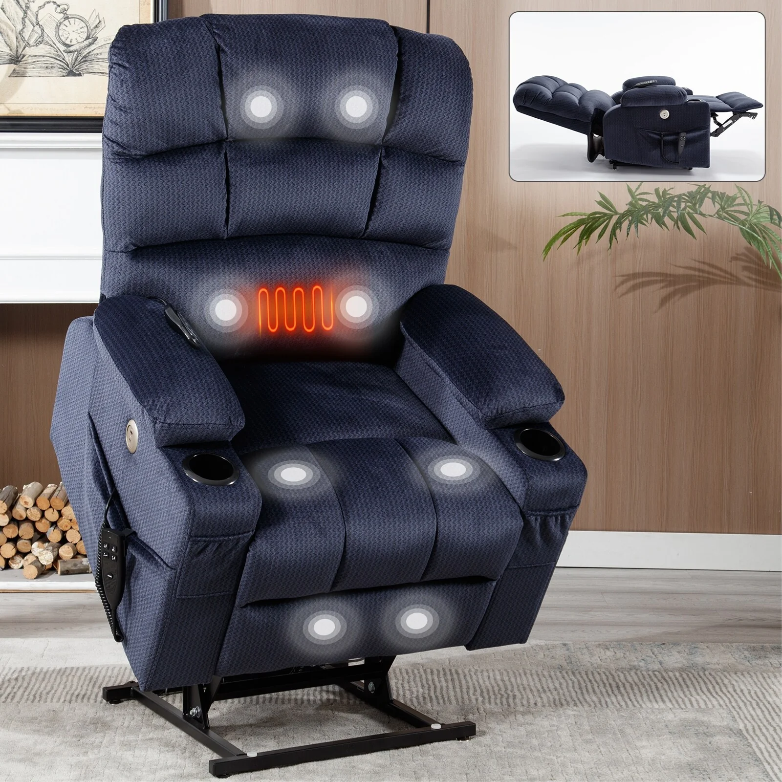 Chenille Power Lift Recliner with Massage, Heating & Cup Holders