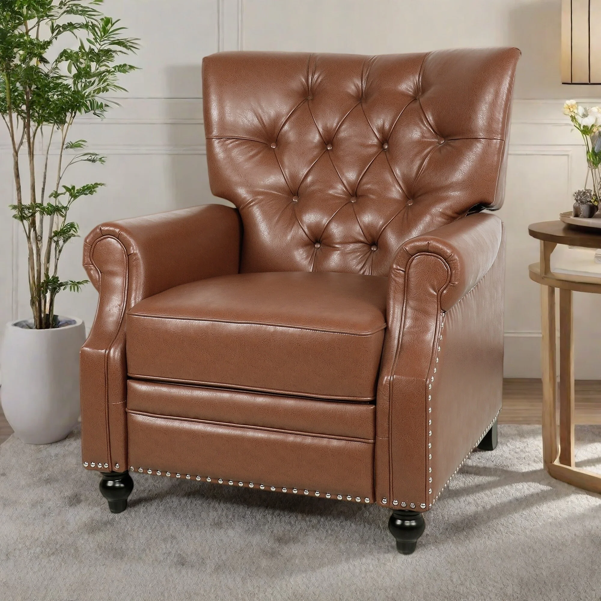 Button Tufted Push-Back Recliner Chair with Nailhead Trim and Rolled Arms