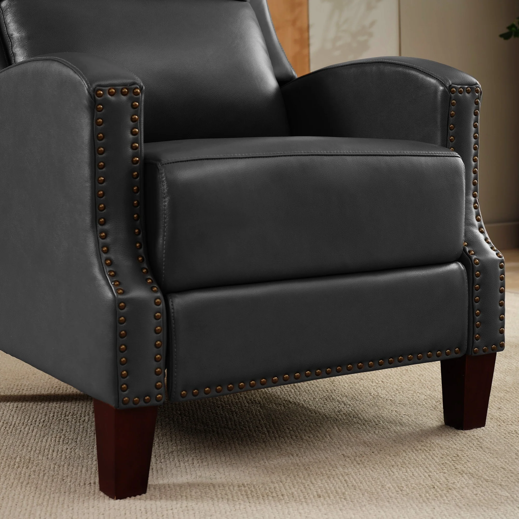 Genuine Leather Pushback Recliner with Multi-Angle Seat Back and Solid Wood Legs