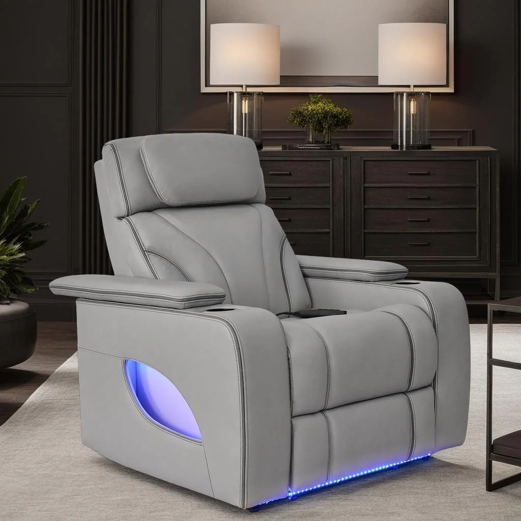 Octavia Silver and Gray Leather Zero Gravity Power Recliner with Heat and Massage
