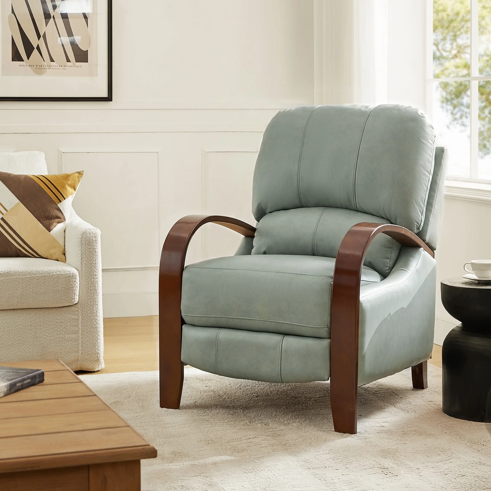 Alex Mid-century Modern Cigar Genuine Leather Manual Recliner with Wooden Curved Arms