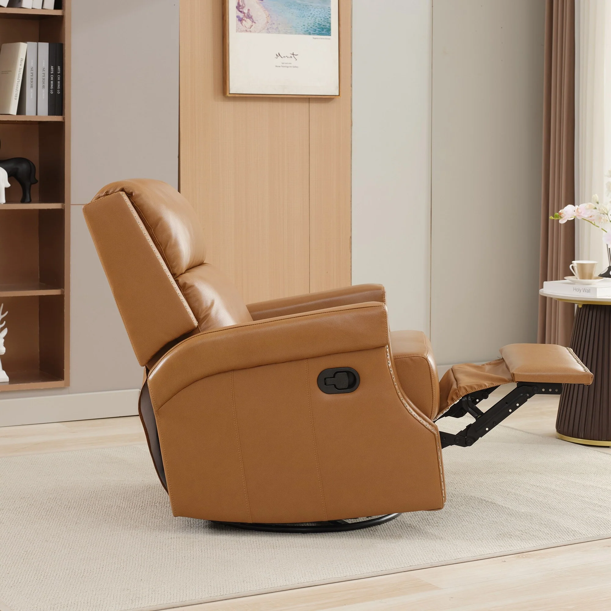 Genuine Leather Manual Rocking Recliner with 360-degree Metal Swivel Base