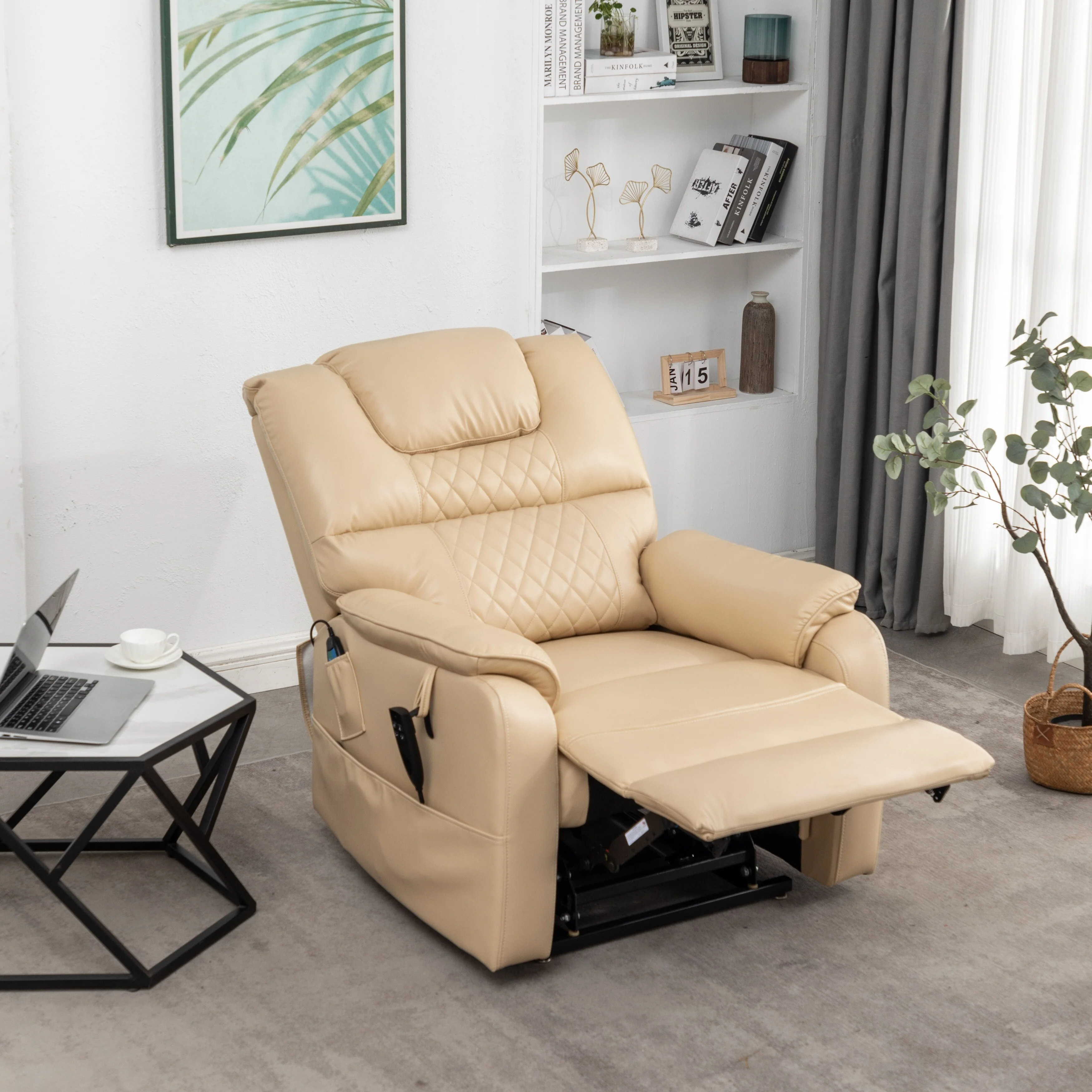 Beige PU Leather Power Lift Recliner, Massage, Flat Lay