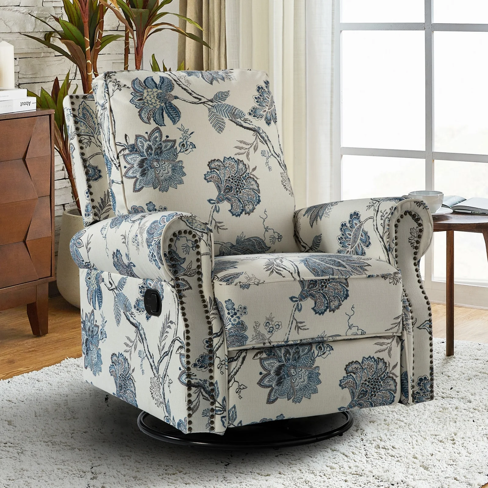 Roderich Farmhouse Floral Print Swivel Rocker Recliner with Rolled Arms by HULALA HOME