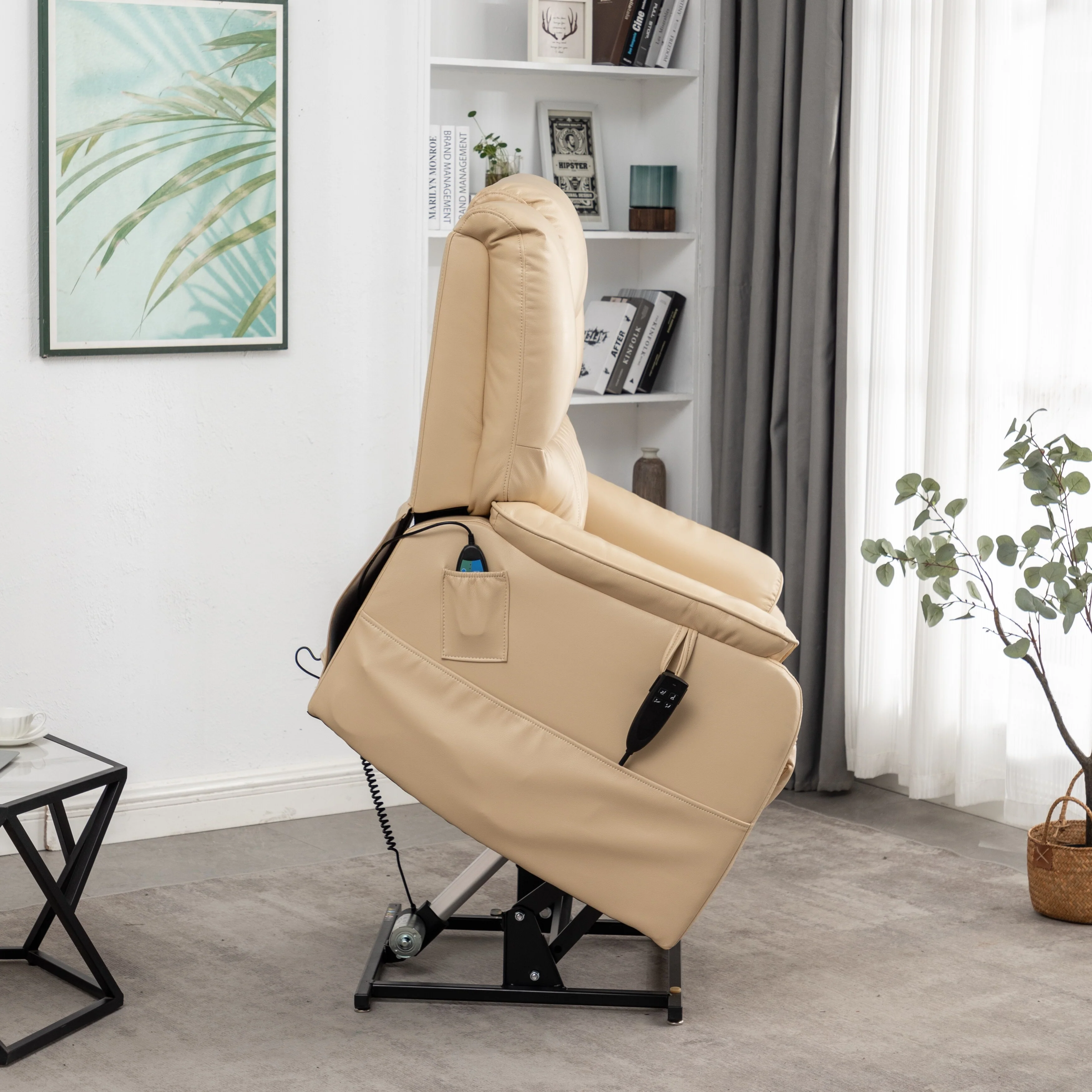 Beige PU Leather Power Lift Recliner, Massage, Flat Lay