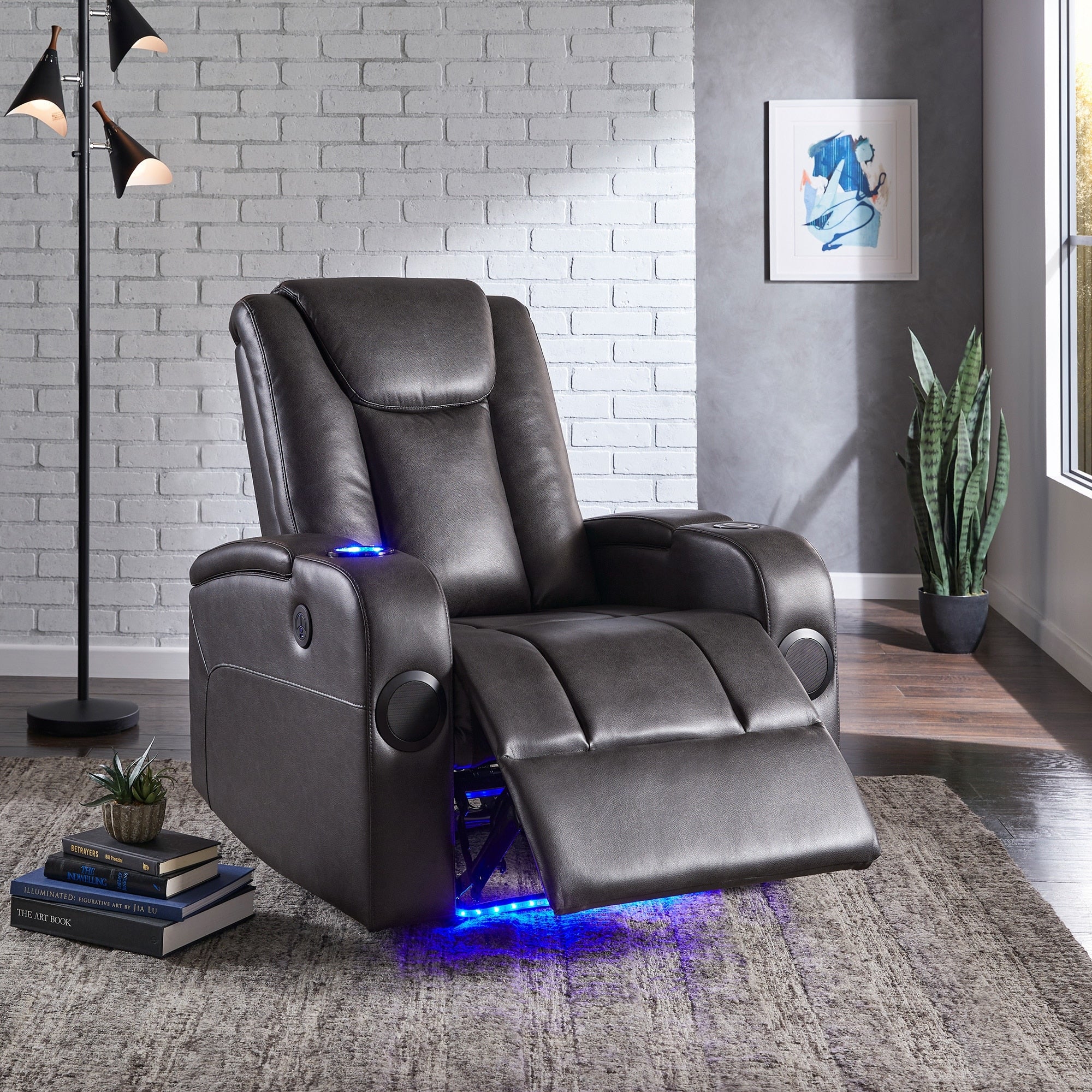 Terlingua Gray Vegan Leather LED Power Recliner with Speaker, Storage, USB and Wireless Charger by iNSPIRE Q Classic