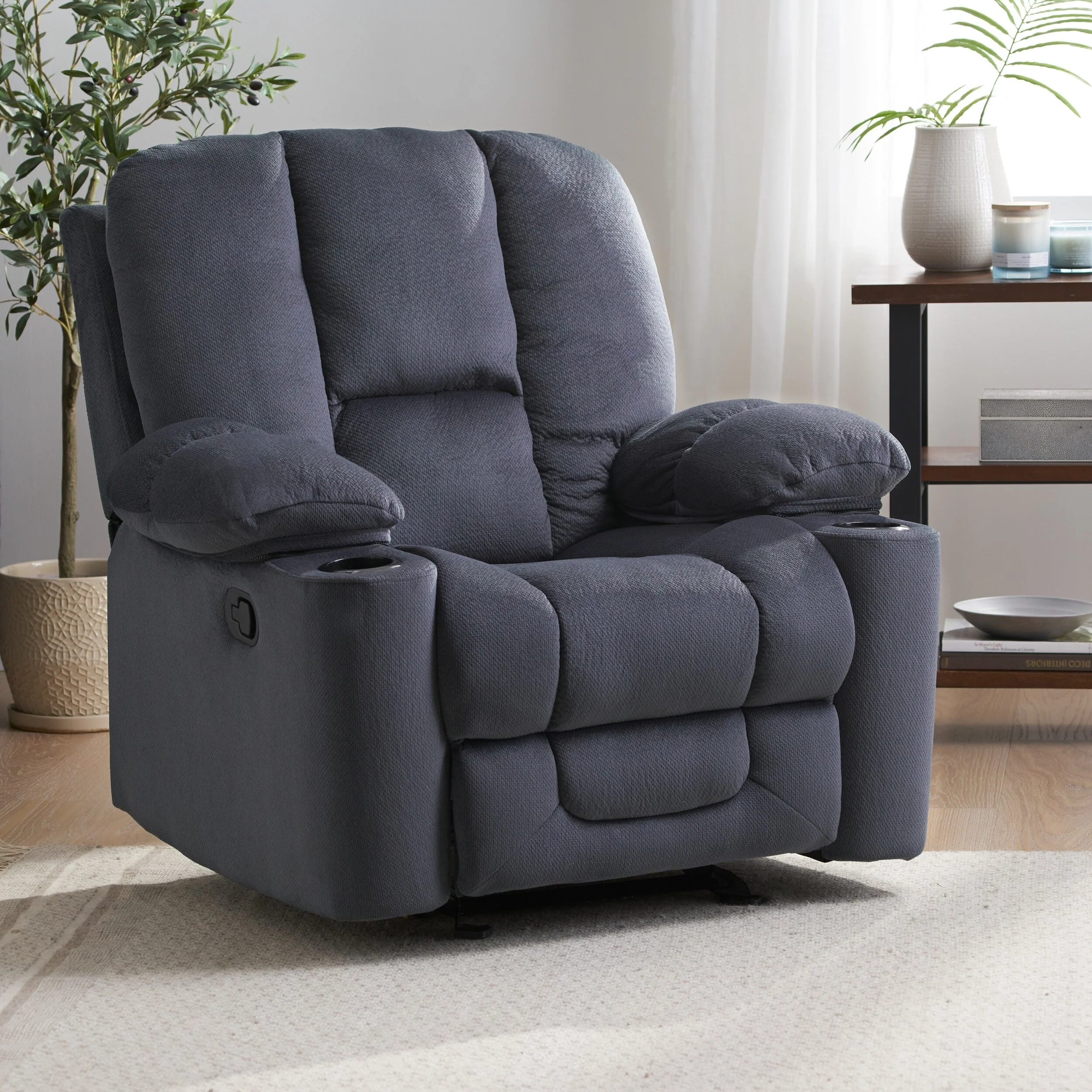 Roomfitters Luxurious Manual Recliner Chair in Chocolate with Skin-Friendly Fabric and Dual Cup Holders