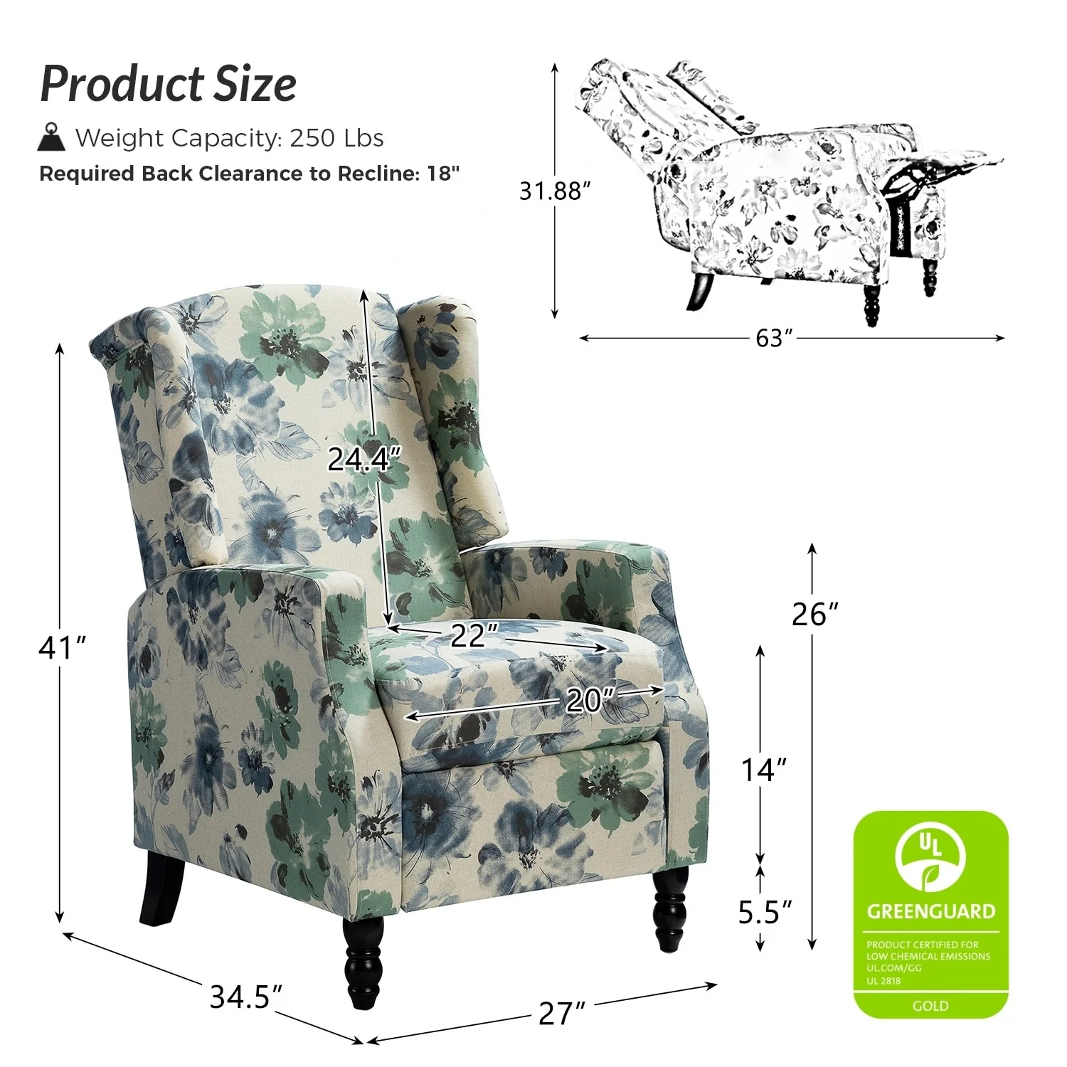 Damaris Mid-Century Modern Manual Pushback Recliner with Wingback Design by HULALA HOME