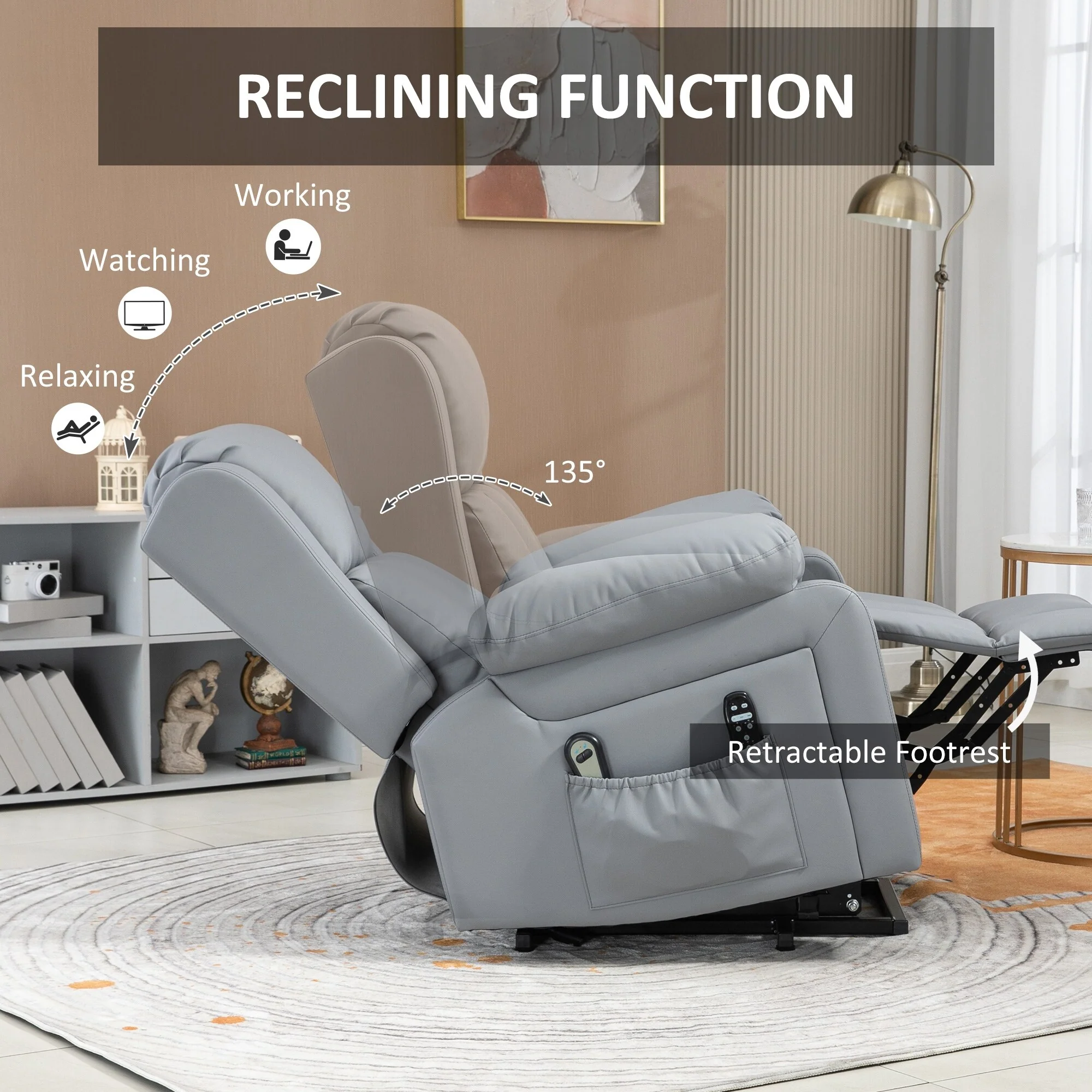PU Leather Lift Recliner featuring Vibration Massage, Heating, Remote Control, and Side Pockets