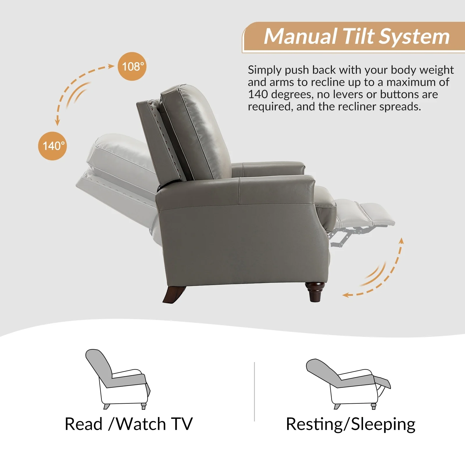 Cigar Mid-century Modern Genuine Leather Recliner with Nailhead Trim by HULALA HOME