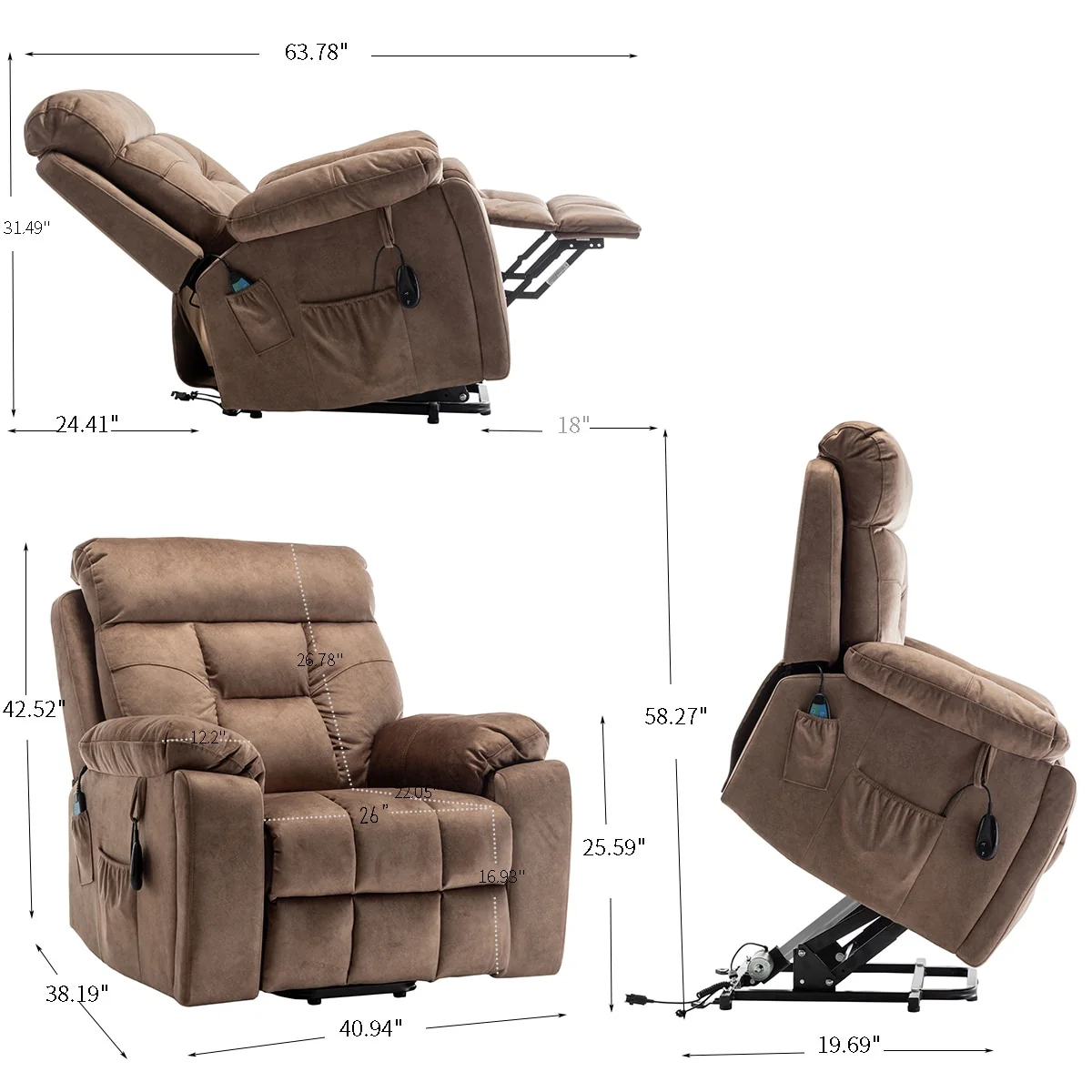 Brown Velvet Lift Recliner, Massage, Hidden Cup Holder, Pockets
