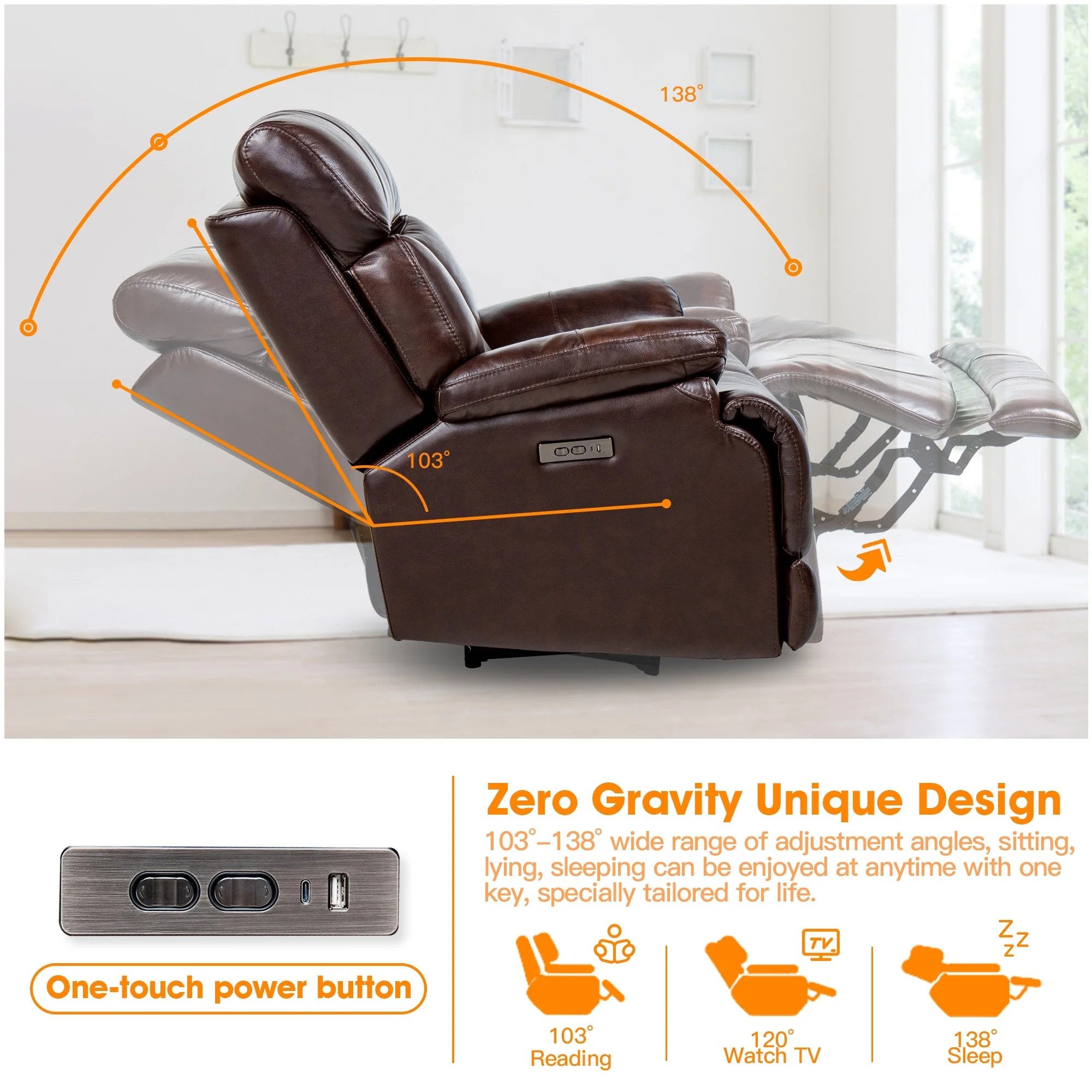 Top Grain Leather Power Recliner Chair Adjustable Headrest Extendable Footrest Zero Gravity Recliner