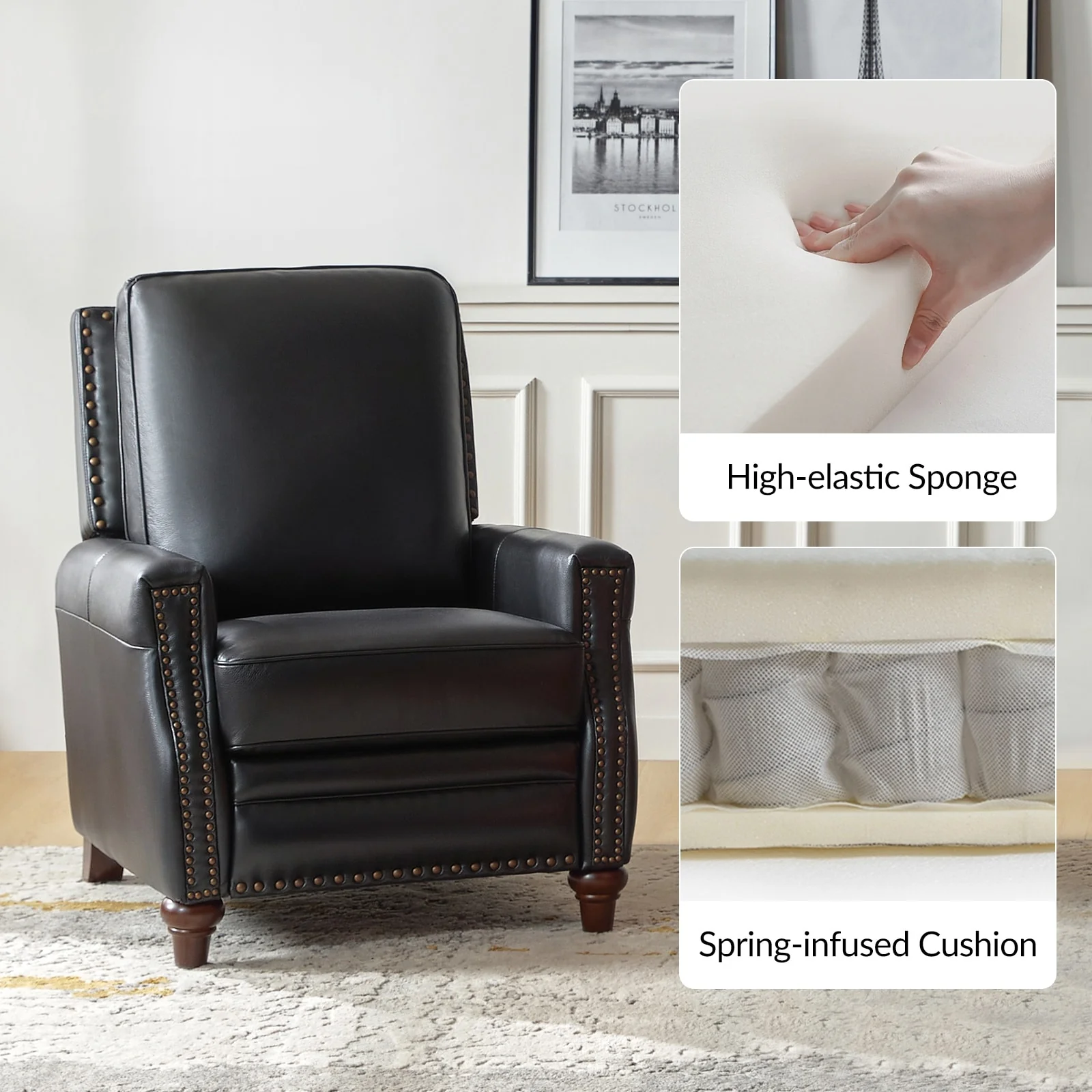 Cigar Mid-century Modern Genuine Leather Recliner with Nailhead Trim by HULALA HOME