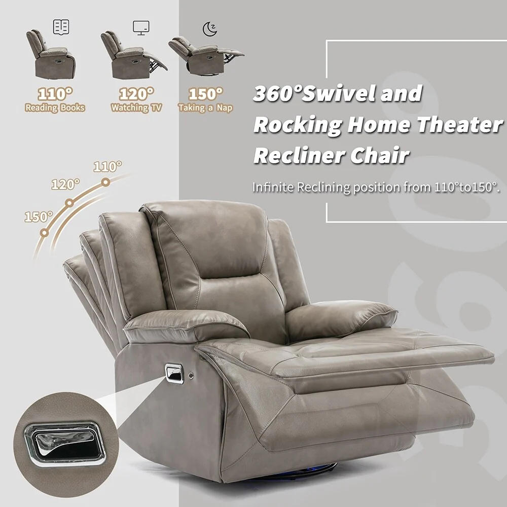 360�� Swivel Rocker Recliner with LED Lights, Manual Media Chair