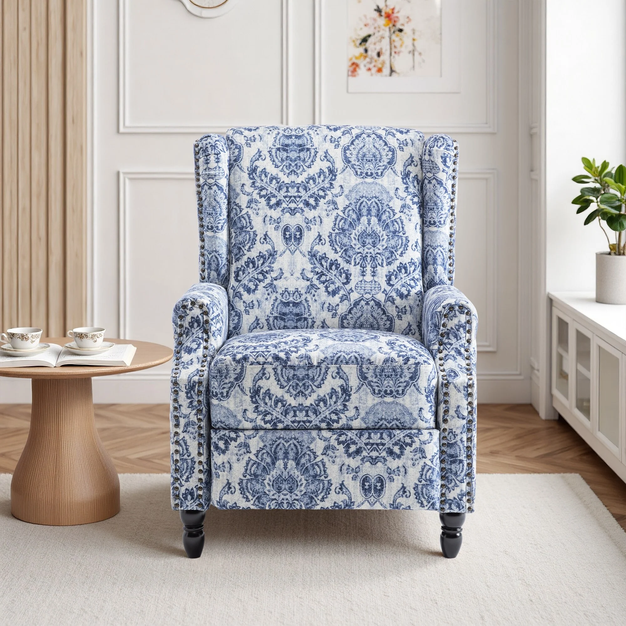 Linen Manual Upholstered Recliner with Wood Legs