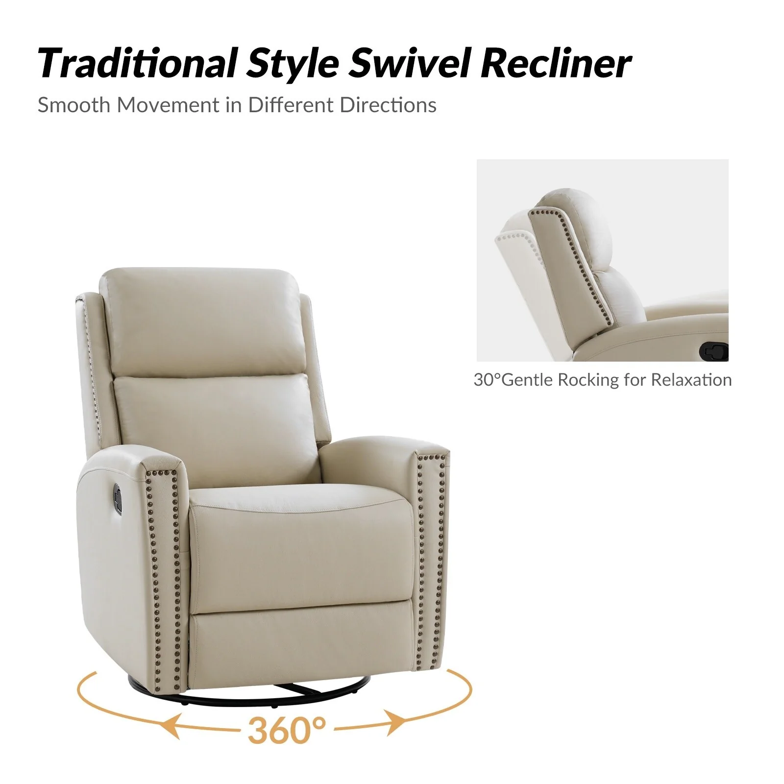 Fiacro 30.31Wide Modern Genuine Leather Wingback Swivel Rocker Recliner with Nailhead Trims, Set of 2