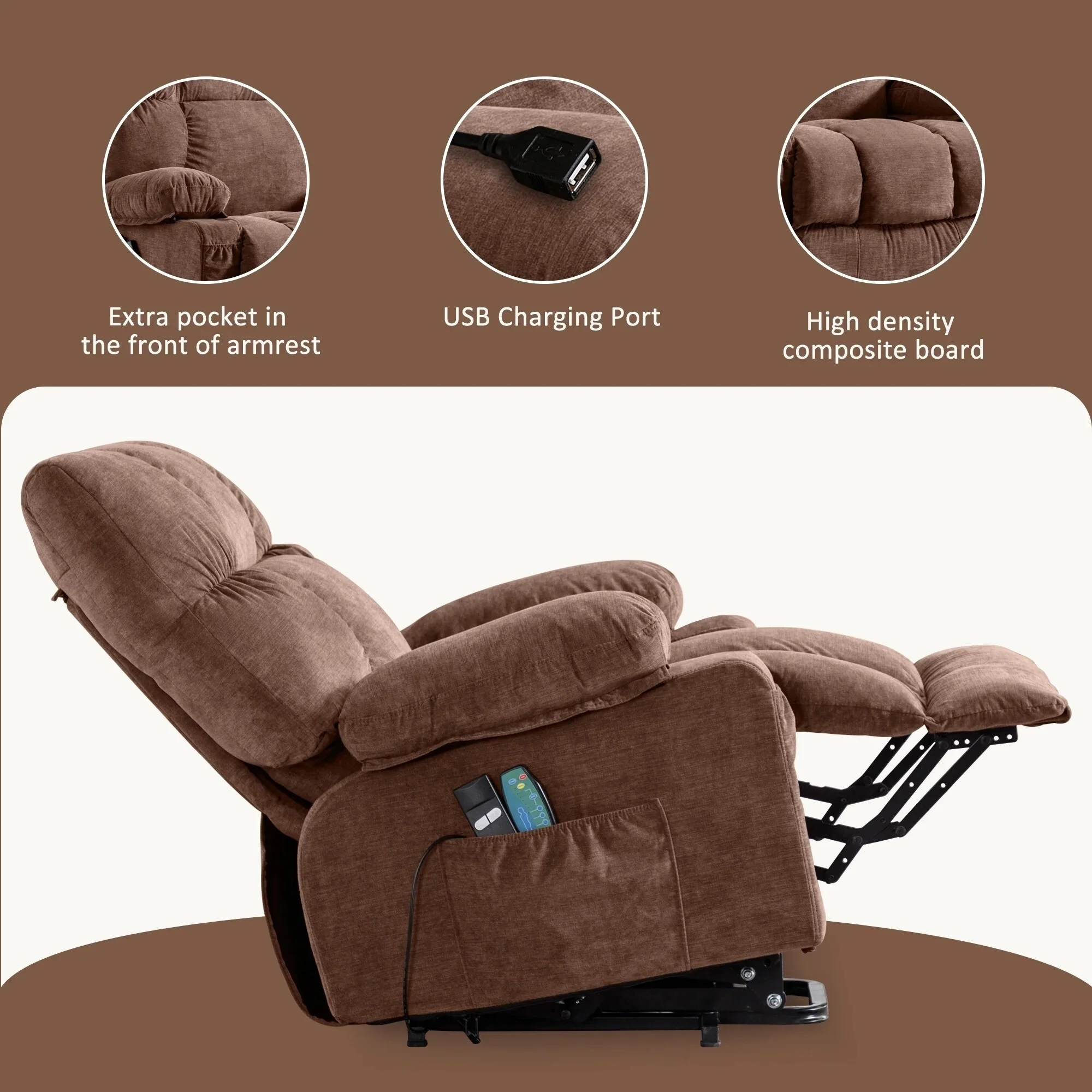 Blue Power Lift Recliner Chair with Heat, Massage, USB Charging, Side Pockets and Remote Control
