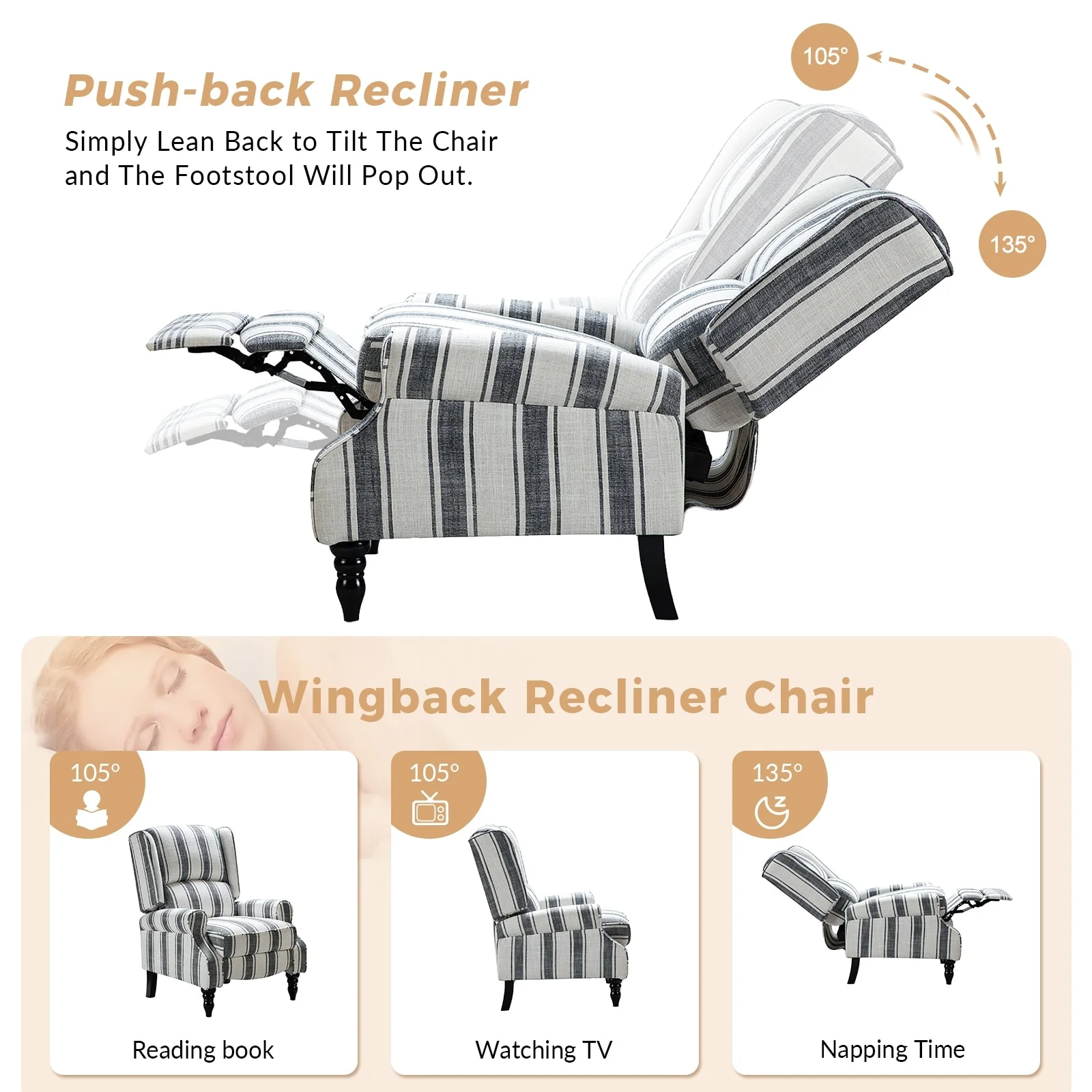 Olympus Upholstered Classic Manual Wingback Recliner with Solid Wood Legs Set of 2 by HULALA HOME