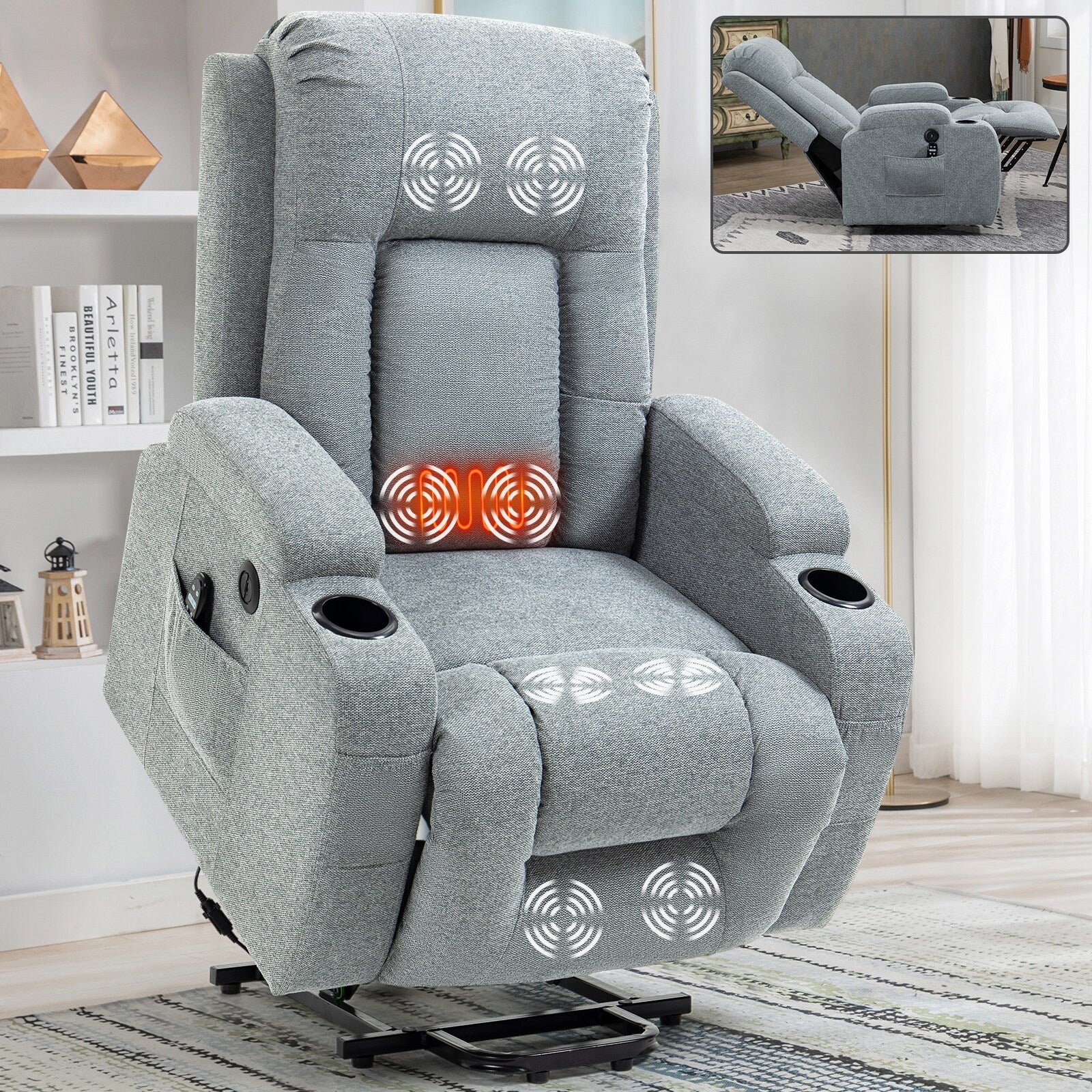 Grey Power Lift Recliner with Massage, Heat  Cup Holders