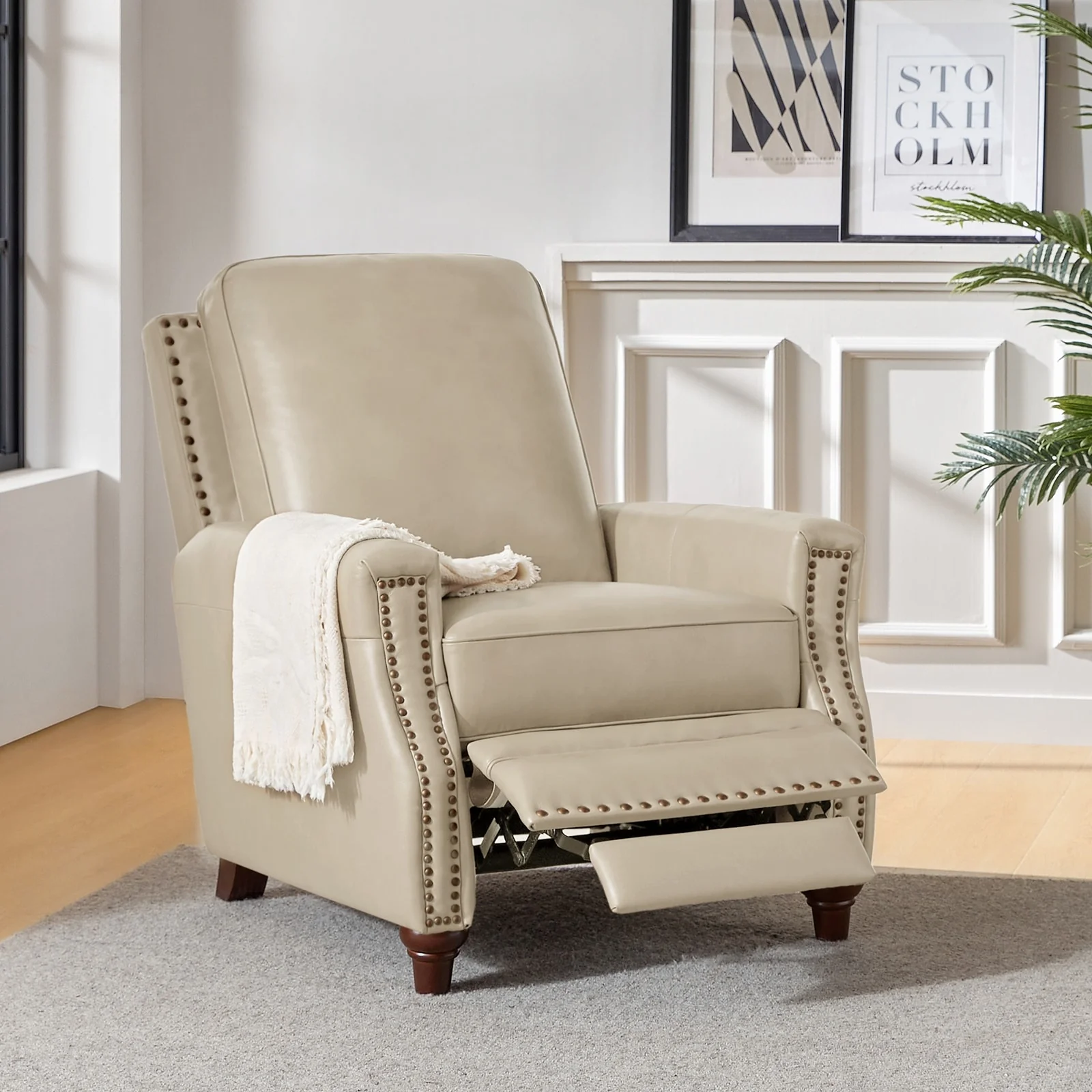 Cigar Mid-century Modern Genuine Leather Recliner with Nailhead Trim by HULALA HOME