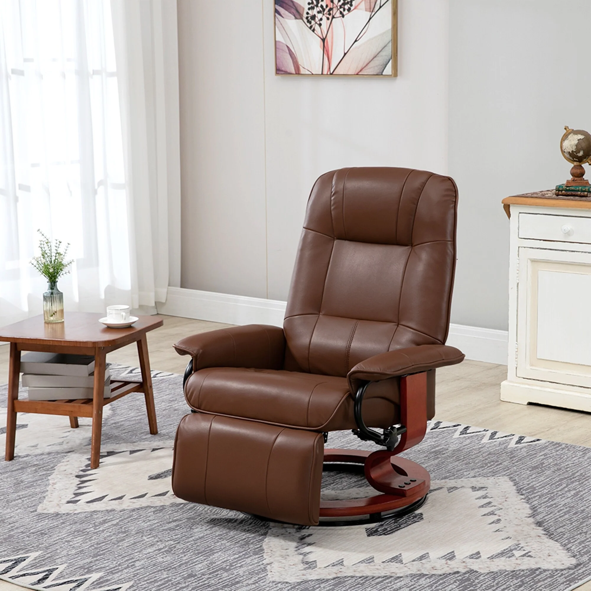 PU Leather Swivel Recliner Chair with Adjustable Backrest, Footrest & Padded Armrests for Living Room Comfort