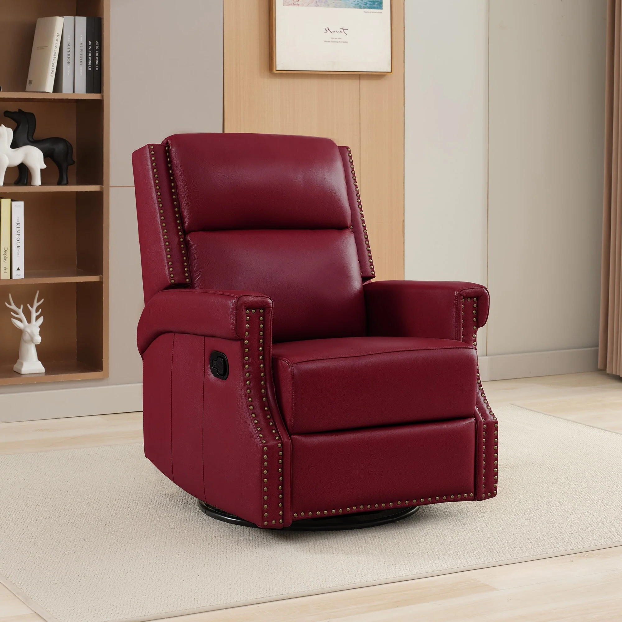 Genuine Leather Manual Rocking Recliner with 360-degree Metal Swivel Base