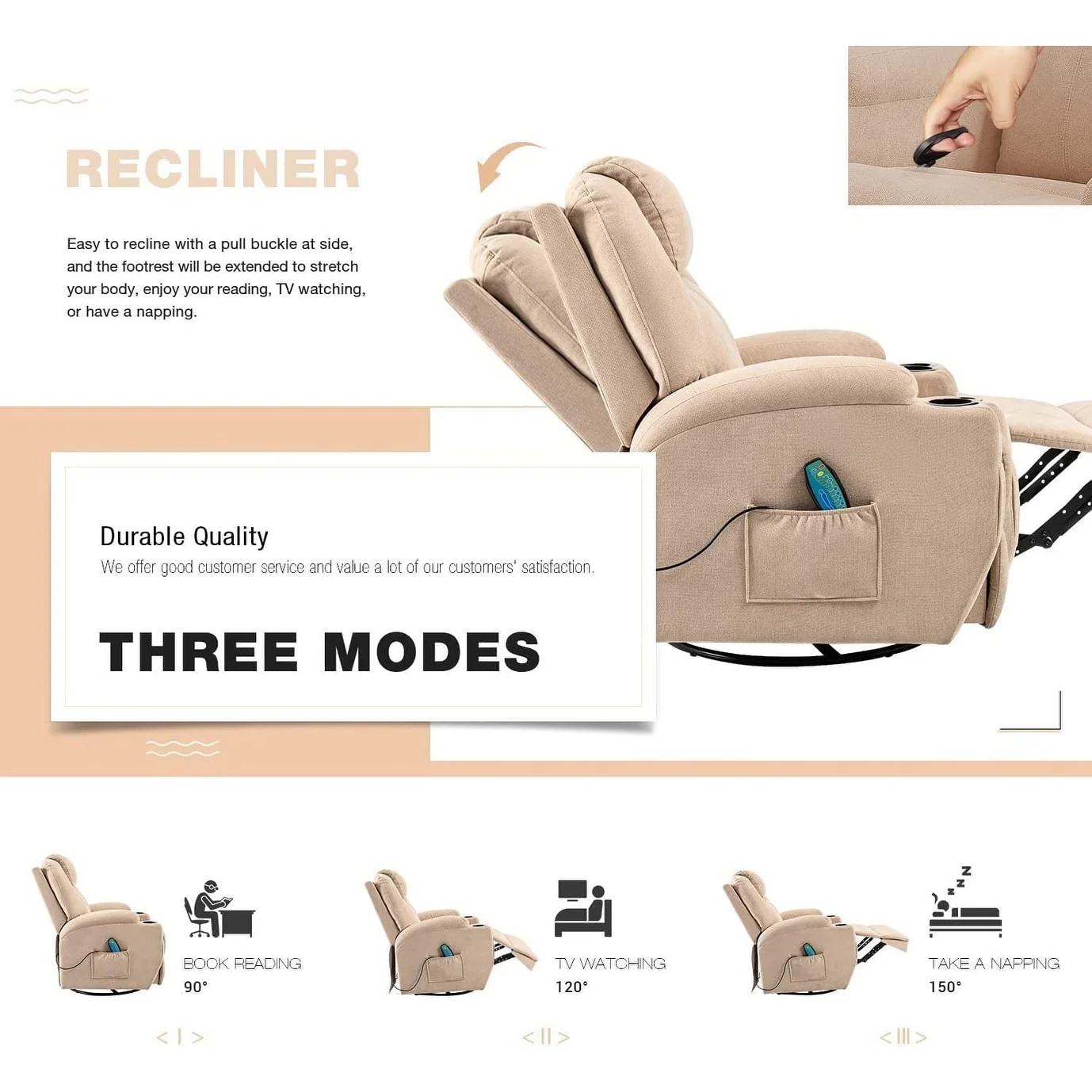 Furniwell Rotary Massage Heated Function Recliner Fabric Whirl