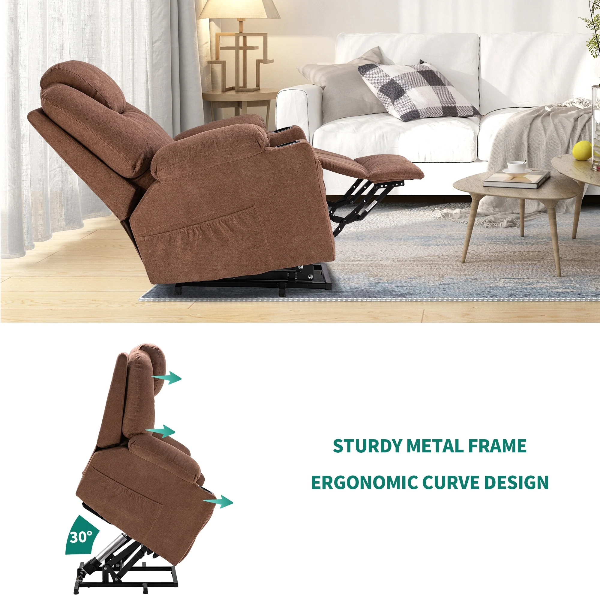 Modern Off White Reclining Chair Faux Leather/Fabric Massage