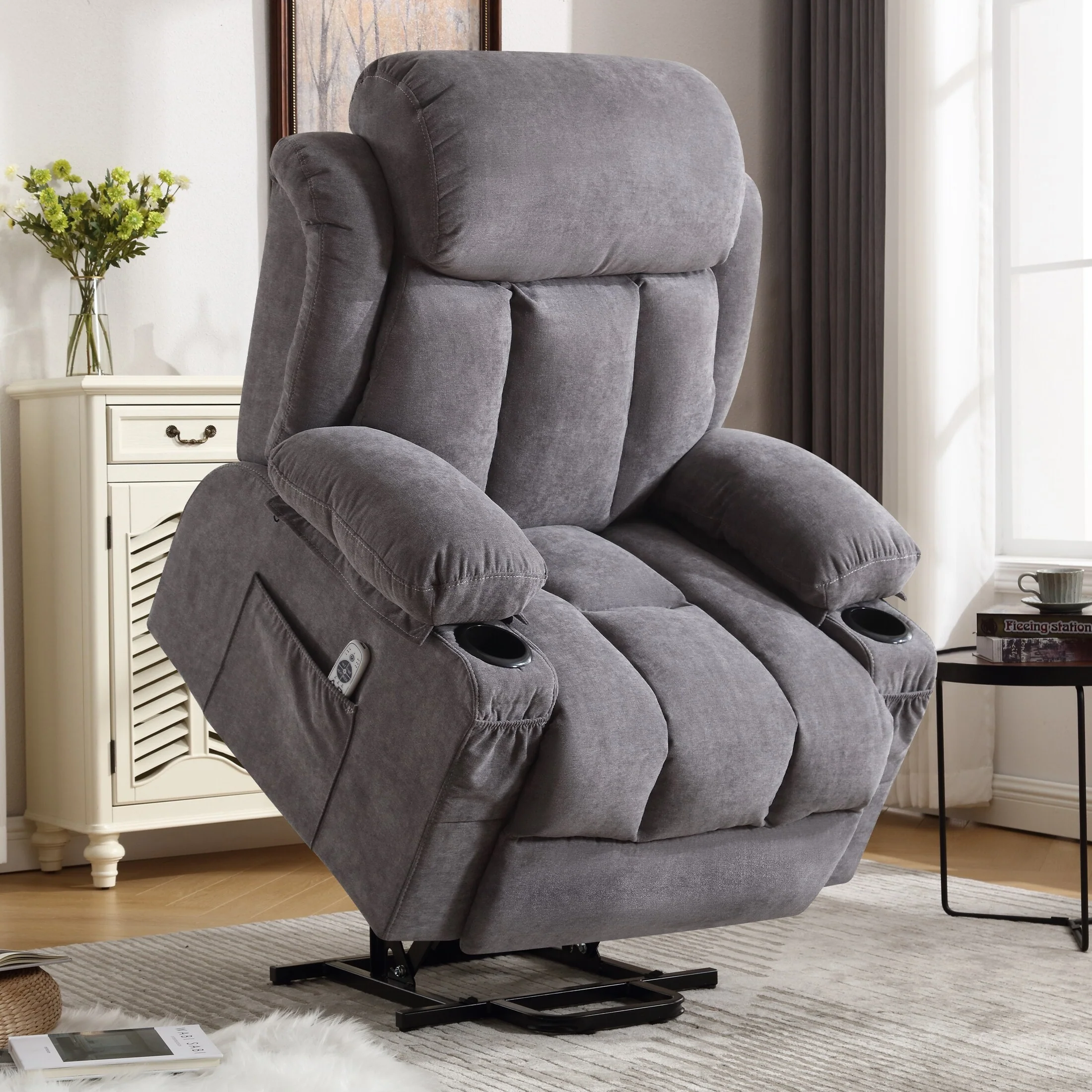 Beige Ergonomic Lift Recliner with Heated Massage, USB Charging, Side Pockets, and Easy Remote Control