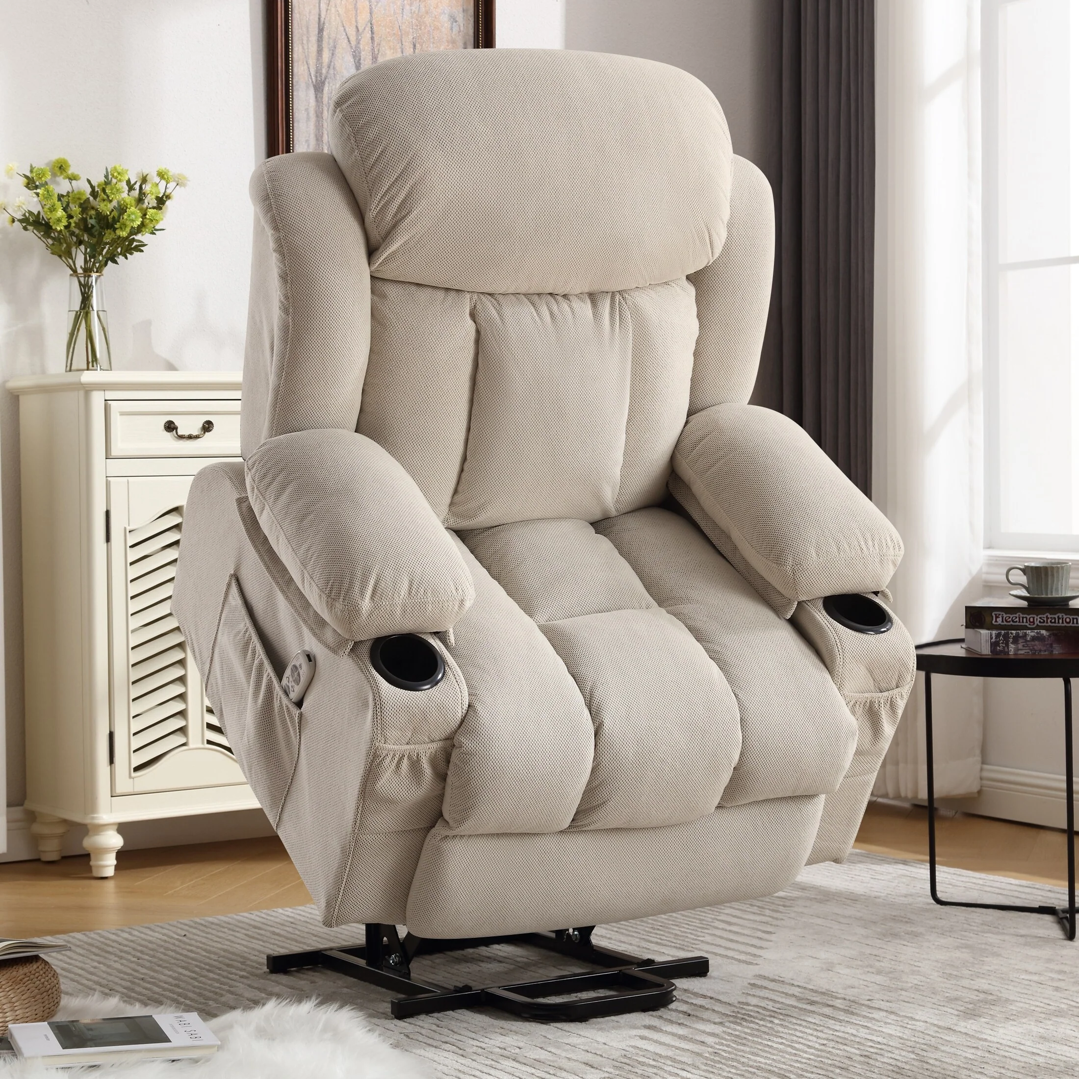 Beige Electric Recliner with Heat, Massage, USB, and Remote Control