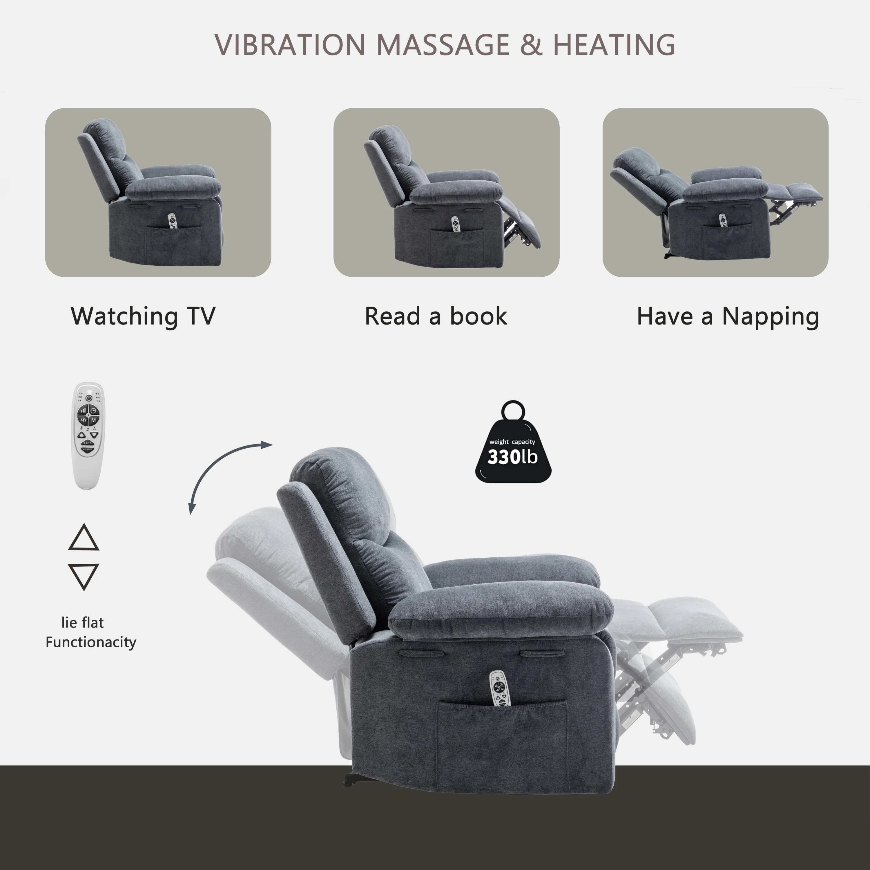 Velvet Adjustable Massage Function Power Recliner Chair with Heating System